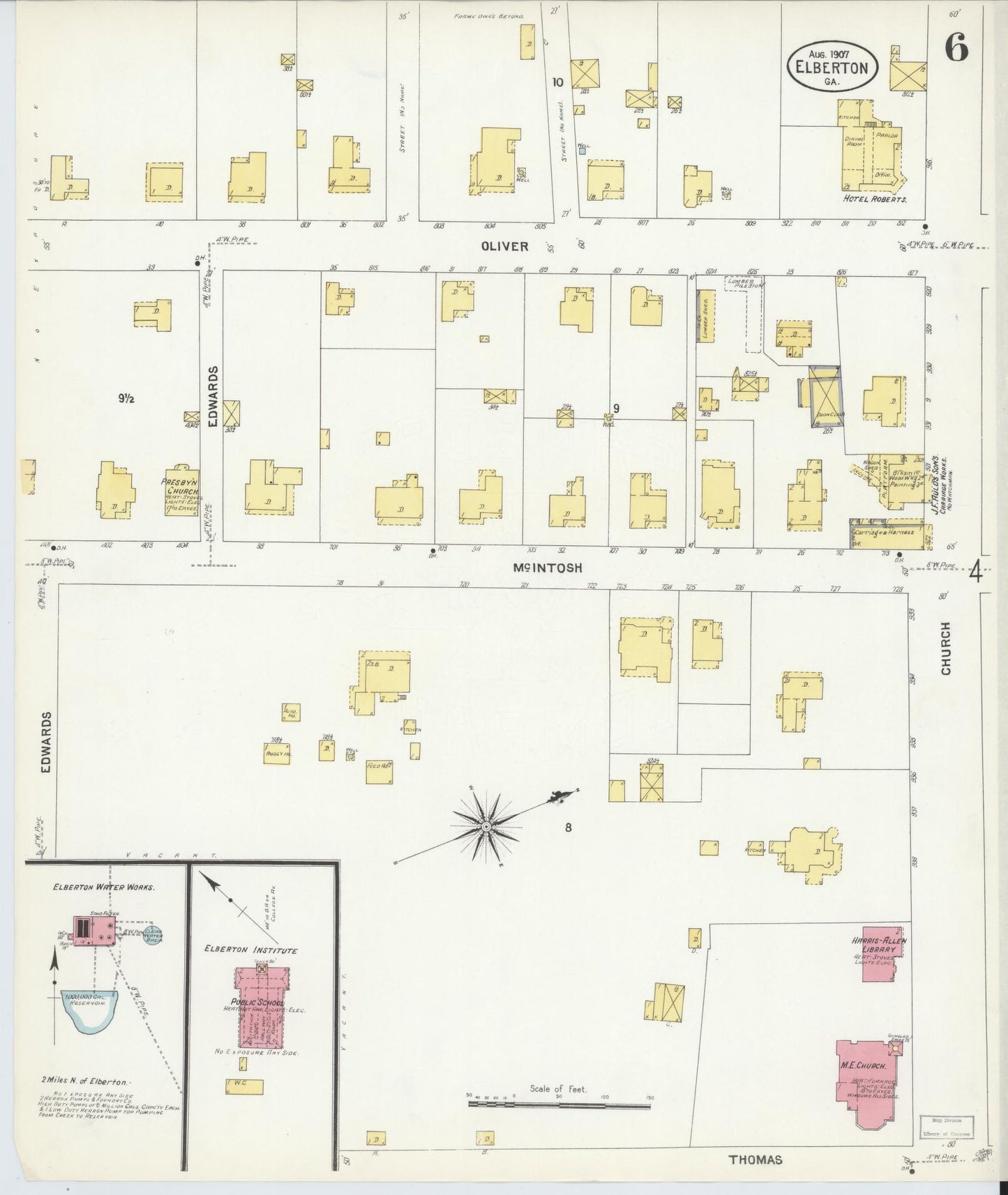 Sanborn Fire Insurance Map from Elberton, Elbert County, Georgia (1907), Sheet #0006 - Historic Sanborn Fire Insurance Map Print, vintage old map wall art, antique decor, genealogy gift, Georgia Georgia map