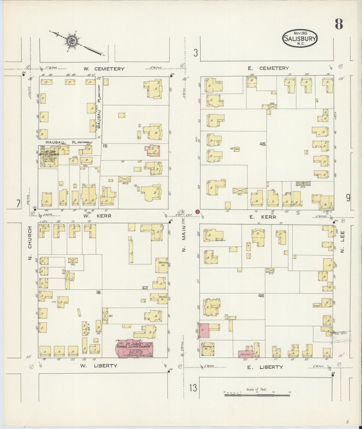 Sanborn Fire Insurance Map from Salisbury, Rowan County, North Carolina (1913), Sheet #0008 - Complete Map Set gallery image, historic Sanborn map, vintage wall art, North Carolina North Carolina
