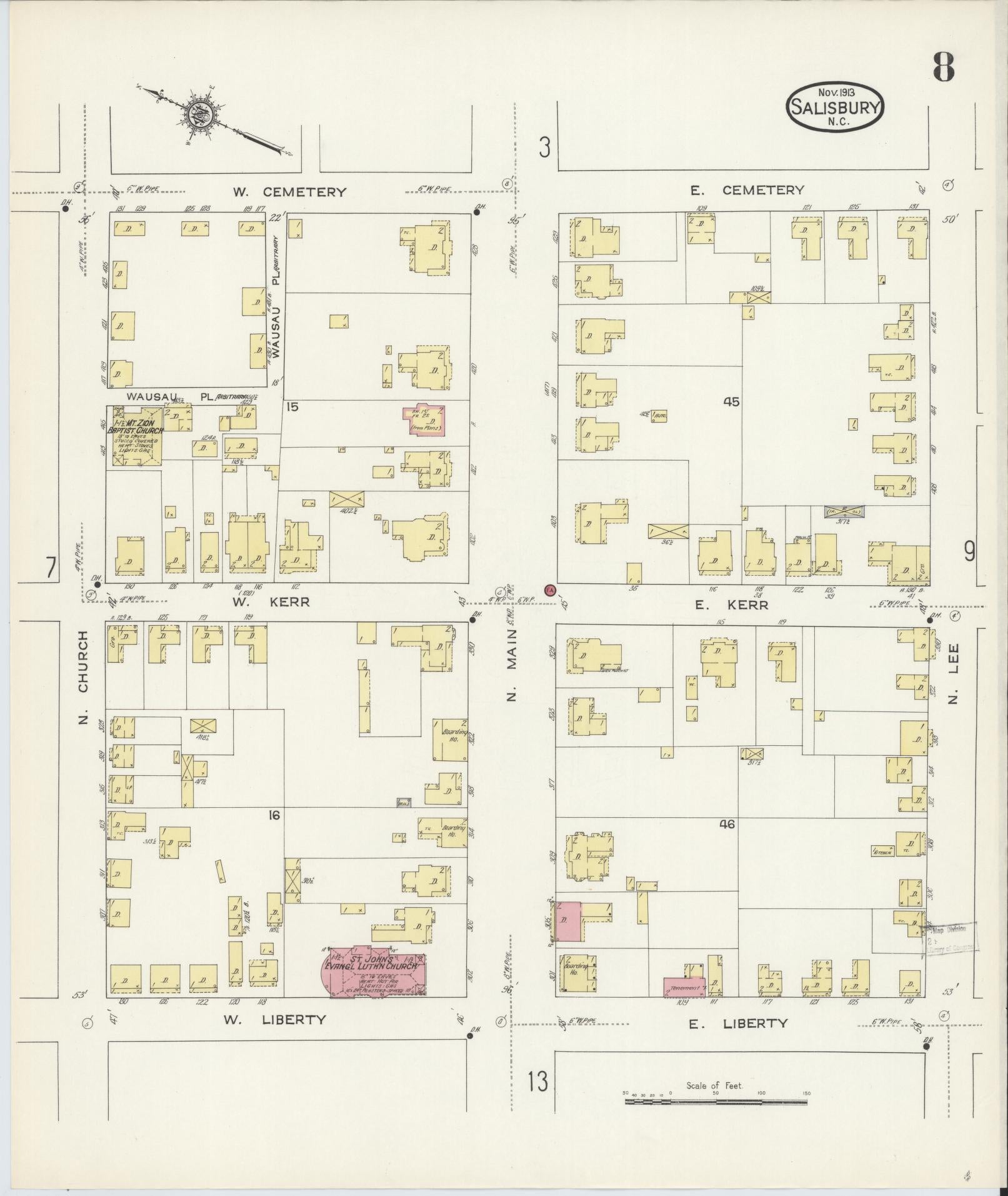 Sanborn Fire Insurance Map from Salisbury, Rowan County, North Carolina (1913), Sheet #0008 - Complete Map Set gallery image, historic Sanborn map, vintage wall art, North Carolina North Carolina