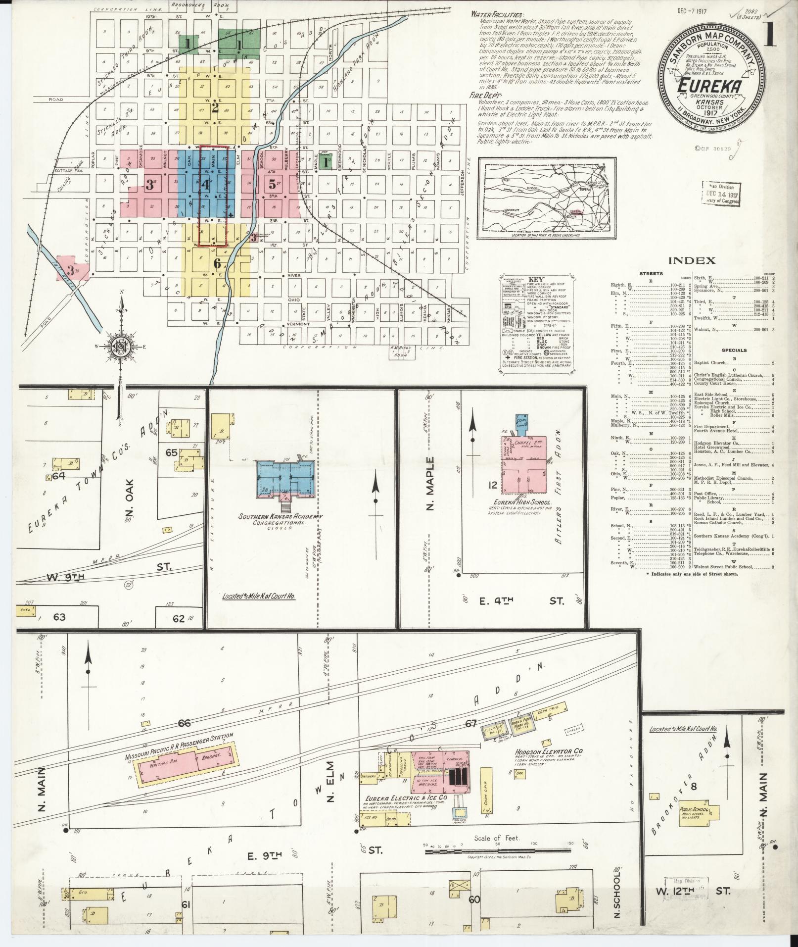 Sanborn Fire Insurance Map from Eureka, Greenwood County, Kansas (1917), Sheet #0001 - Historic Sanborn Fire Insurance Map Print, vintage old map wall art, antique decor, genealogy gift, Kansas Kansas map