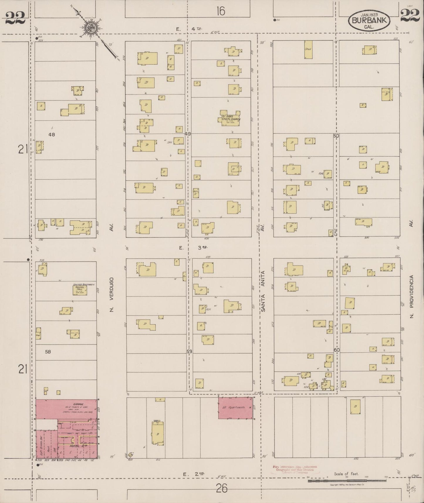 Sanborn Fire Insurance Map from Burbank, Los Angeles County, California (1923), Sheet #0022 - Historic Sanborn Fire Insurance Map Print, vintage old map wall art, antique decor, genealogy gift, California California map