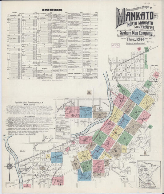 Sanborn Fire Insurance Map from Mankato, Blue Earth County, Minnesota (1914), Sheet #0001 - Historic Sanborn Fire Insurance Map Print, vintage old map wall art, antique decor, genealogy gift, Minnesota Minnesota map