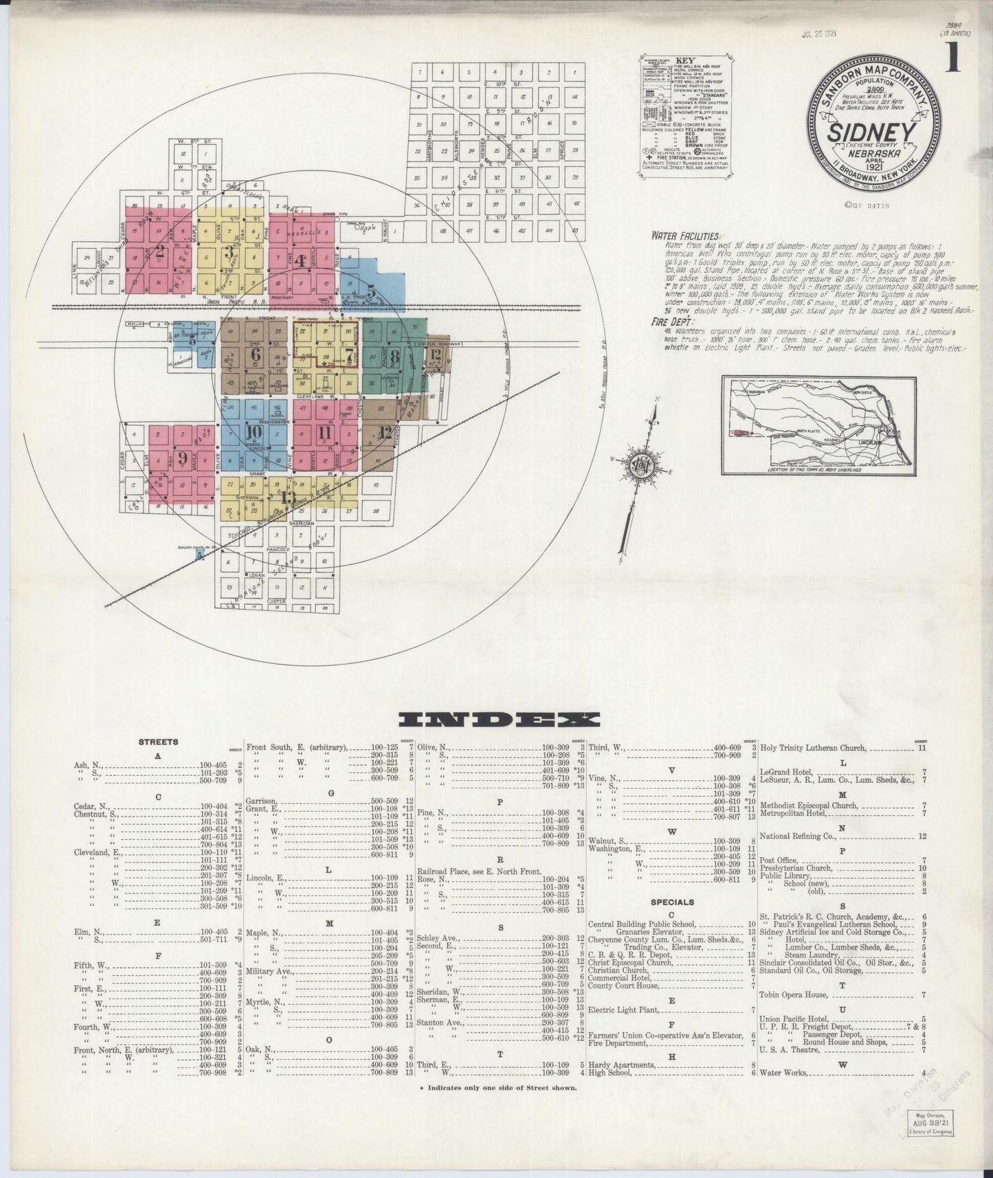 Sanborn Fire Insurance Map from Sidney, Cheyenne County, Nebraska (1921), Sheet #0001 - Historic Sanborn Fire Insurance Map Print, vintage old map wall art, antique decor, genealogy gift, Nebraska Nebraska map