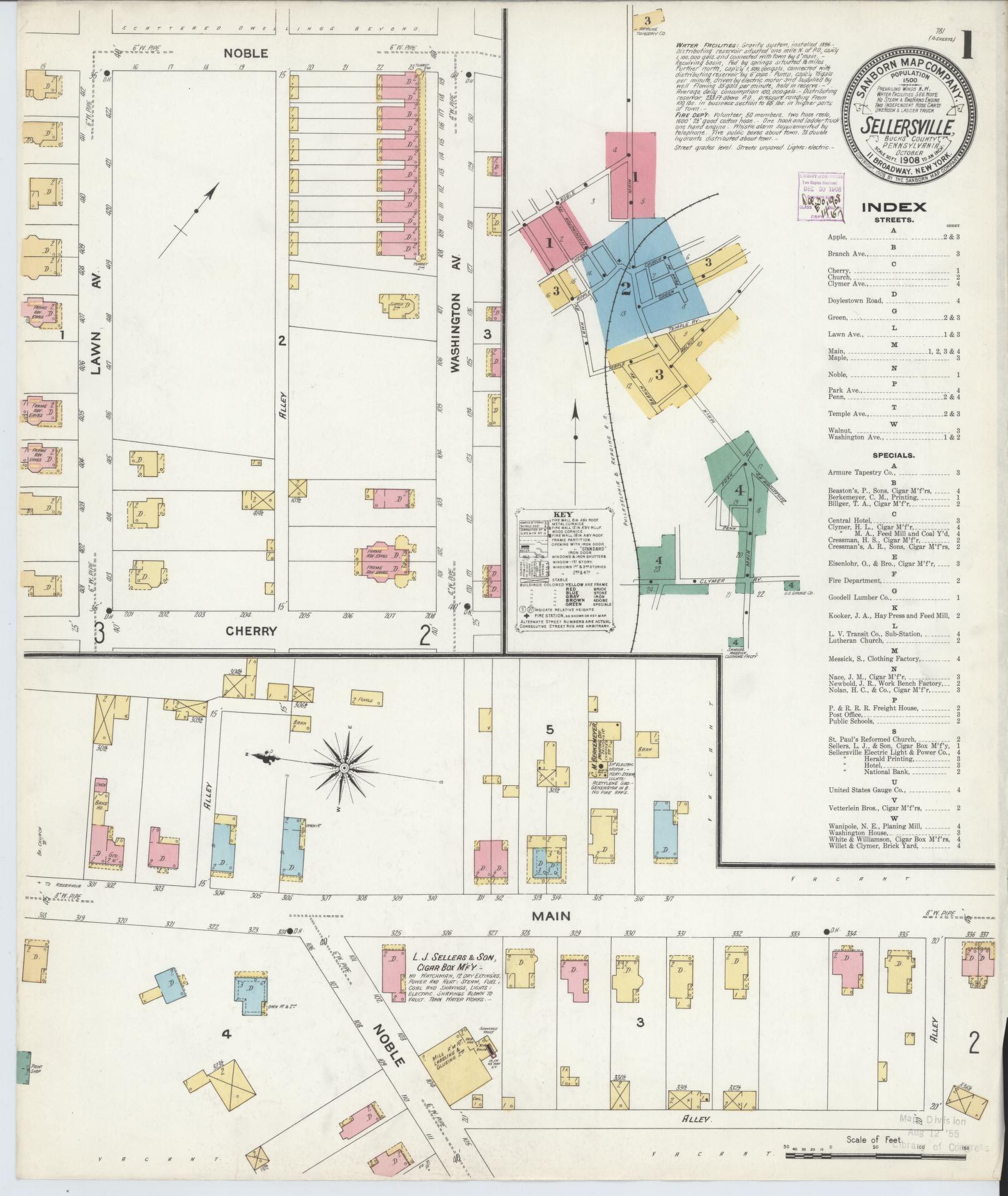 Sanborn Fire Insurance Map from Sellersville, Bucks County, Pennsylvania (1908), Sheet #0001 - Complete Map Set gallery image, historic Sanborn map, vintage wall art, Pennsylvania Pennsylvania