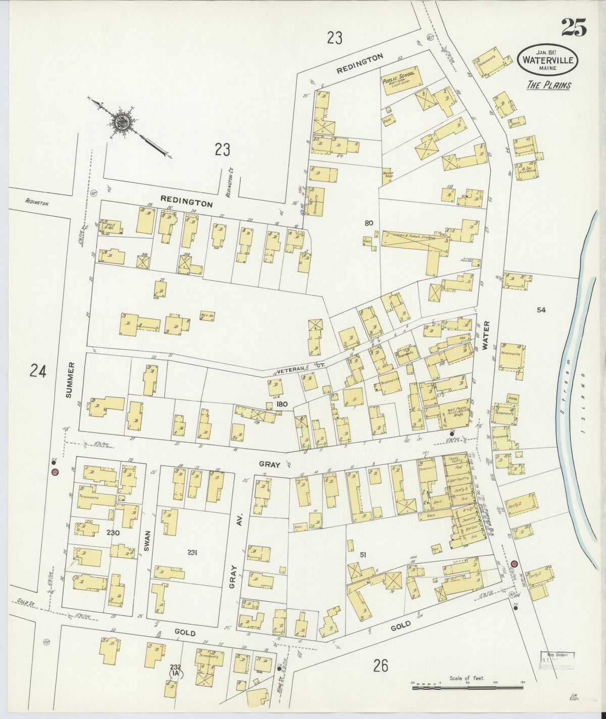 Sanborn Fire Insurance Map from Waterville, Kennebec County, Maine (1911), Sheet #0025 - Historic Sanborn Fire Insurance Map Print, vintage old map wall art, antique decor, genealogy gift, Maine Maine map