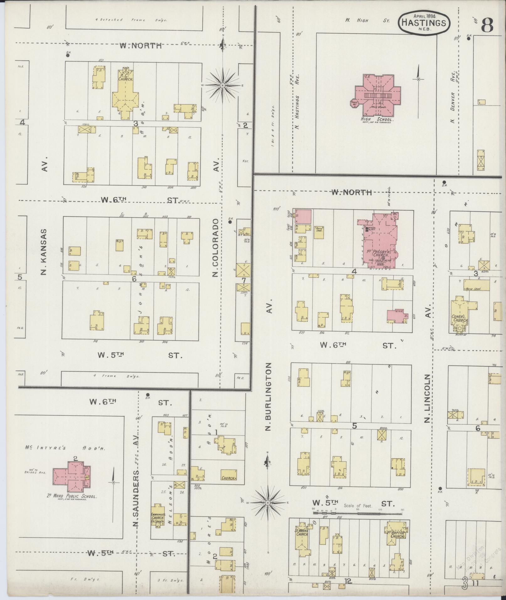 Sanborn Fire Insurance Map from Hastings, Adams County, Nebraska (1894), Sheet #0008 - Historic Sanborn Fire Insurance Map Print, vintage old map wall art, antique decor, genealogy gift, Nebraska Nebraska map
