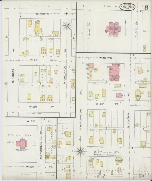 Sanborn Fire Insurance Map from Hastings, Adams County, Nebraska (1894), Sheet #0008 - Historic Sanborn Fire Insurance Map Print, vintage old map wall art, antique decor, genealogy gift, Nebraska Nebraska map