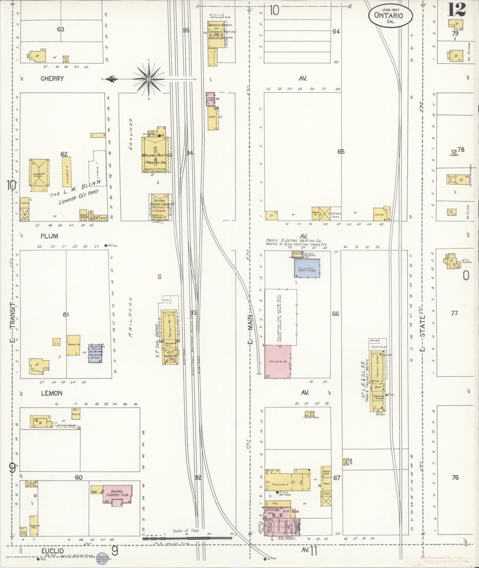 Sanborn Fire Insurance Map from Ontario, San Bernardino County, California (1907), Sheet #0012 - Complete Map Set gallery image, historic Sanborn map, vintage wall art, California California