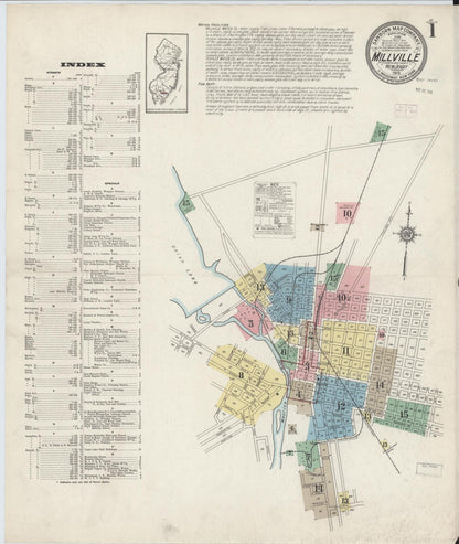 Sanborn Fire Insurance Map from Millville, Cumberland County, New Jersey (1915), Sheet #0001 - Historic Sanborn Fire Insurance Map Print, vintage old map wall art, antique decor, genealogy gift, New Jersey New Jersey map