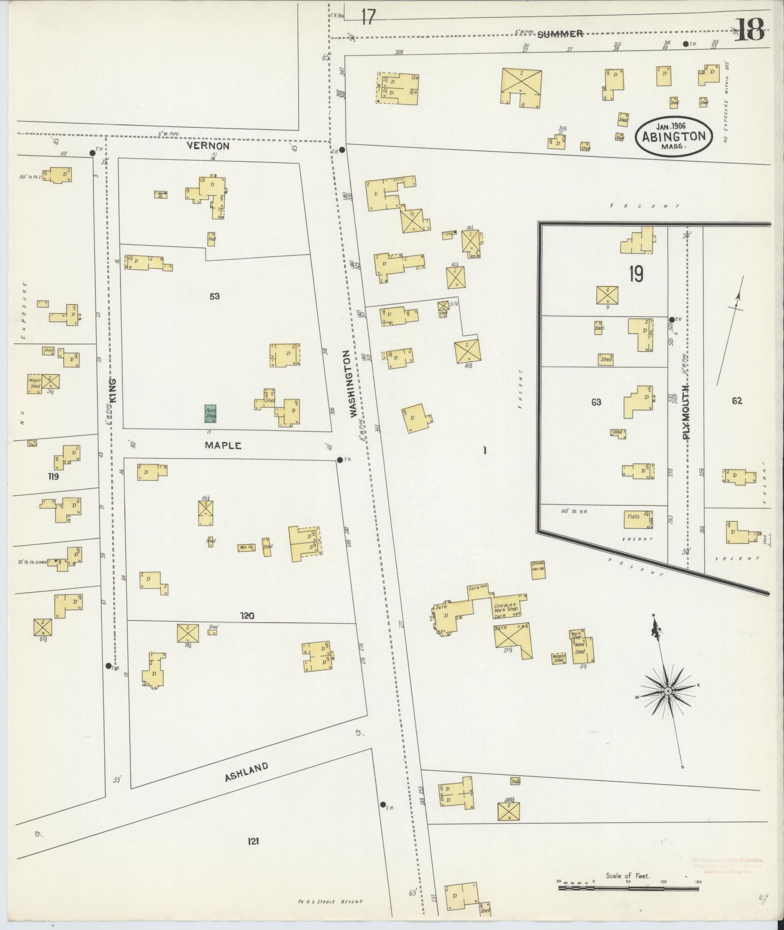 Sanborn Fire Insurance Map from Abington, Plymouth County, Massachusetts (1907), Sheet #0018 - Historic Sanborn Fire Insurance Map Print, vintage old map wall art, antique decor, genealogy gift, Massachusetts Massachusetts map