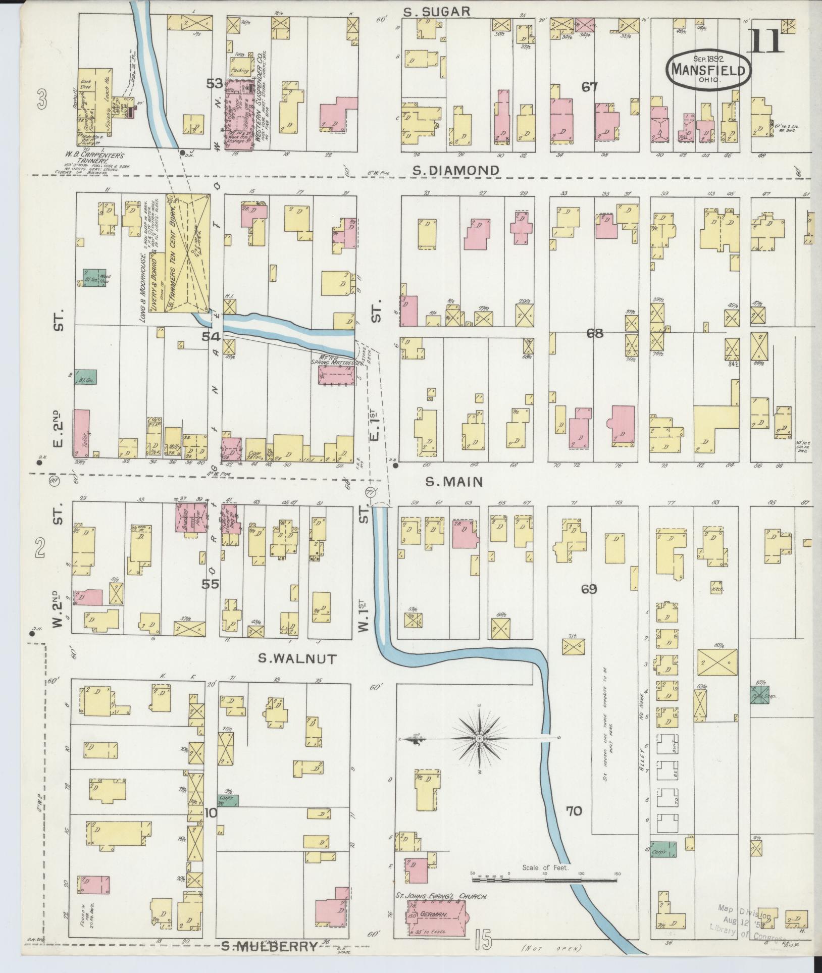 Sanborn Fire Insurance Map from Mansfield, Richland County, Ohio (1892), Sheet #0011 - Historic Sanborn Fire Insurance Map Print, vintage old map wall art, antique decor, genealogy gift, Ohio Ohio map