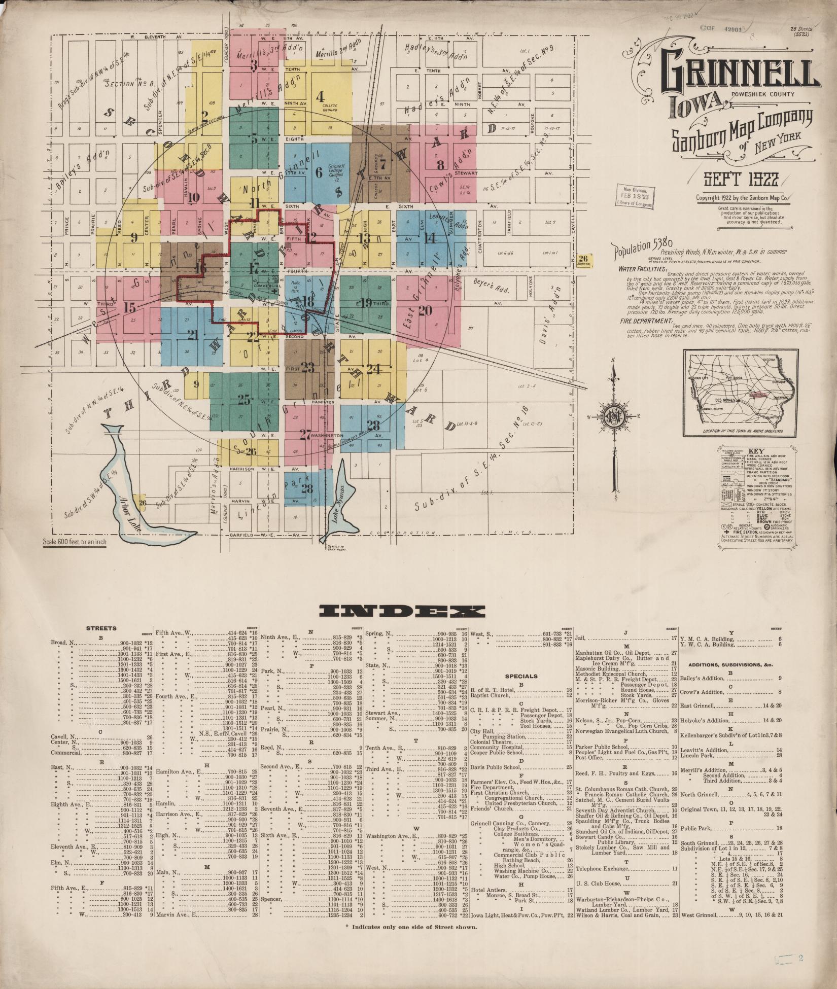 Sanborn Fire Insurance Map from Grinnell, Poweshiek County, Iowa (1922), Sheet #0001 - Historic Sanborn Fire Insurance Map Print, vintage old map wall art