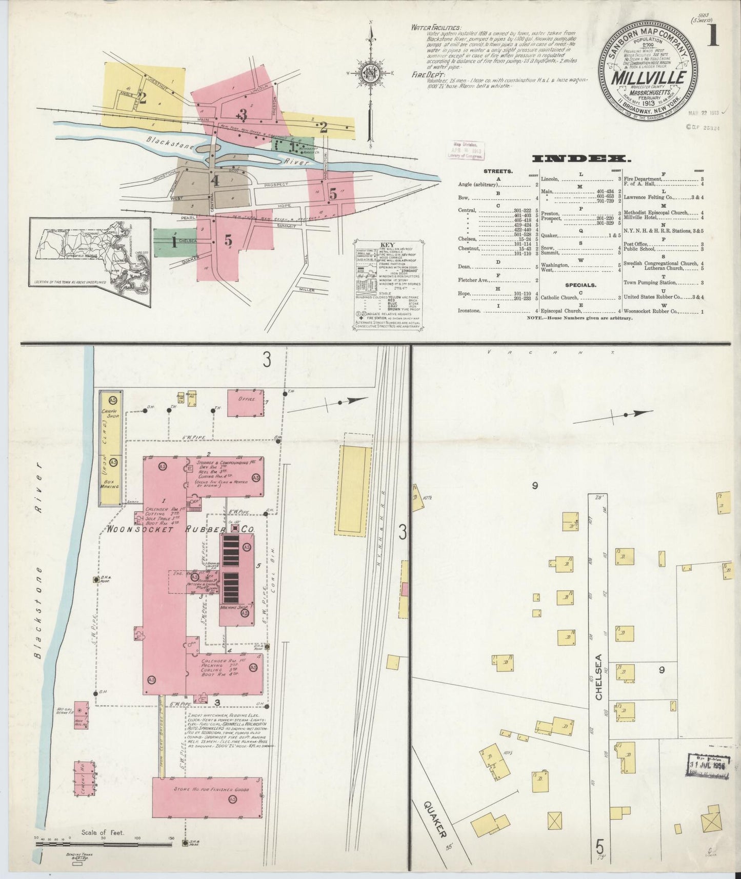 Sanborn Fire Insurance Map from Millville, Worcester County, Massachusetts (1913), Sheet #0001 - Historic Sanborn Fire Insurance Map Print, vintage old map wall art, antique decor, genealogy gift, Massachusetts Massachusetts map