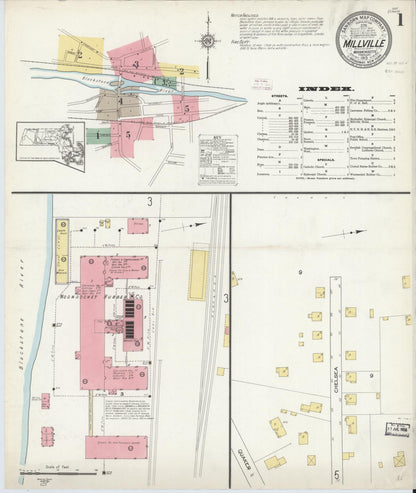 Sanborn Fire Insurance Map from Millville, Worcester County, Massachusetts (1913), Sheet #0001 - Historic Sanborn Fire Insurance Map Print, vintage old map wall art, antique decor, genealogy gift, Massachusetts Massachusetts map