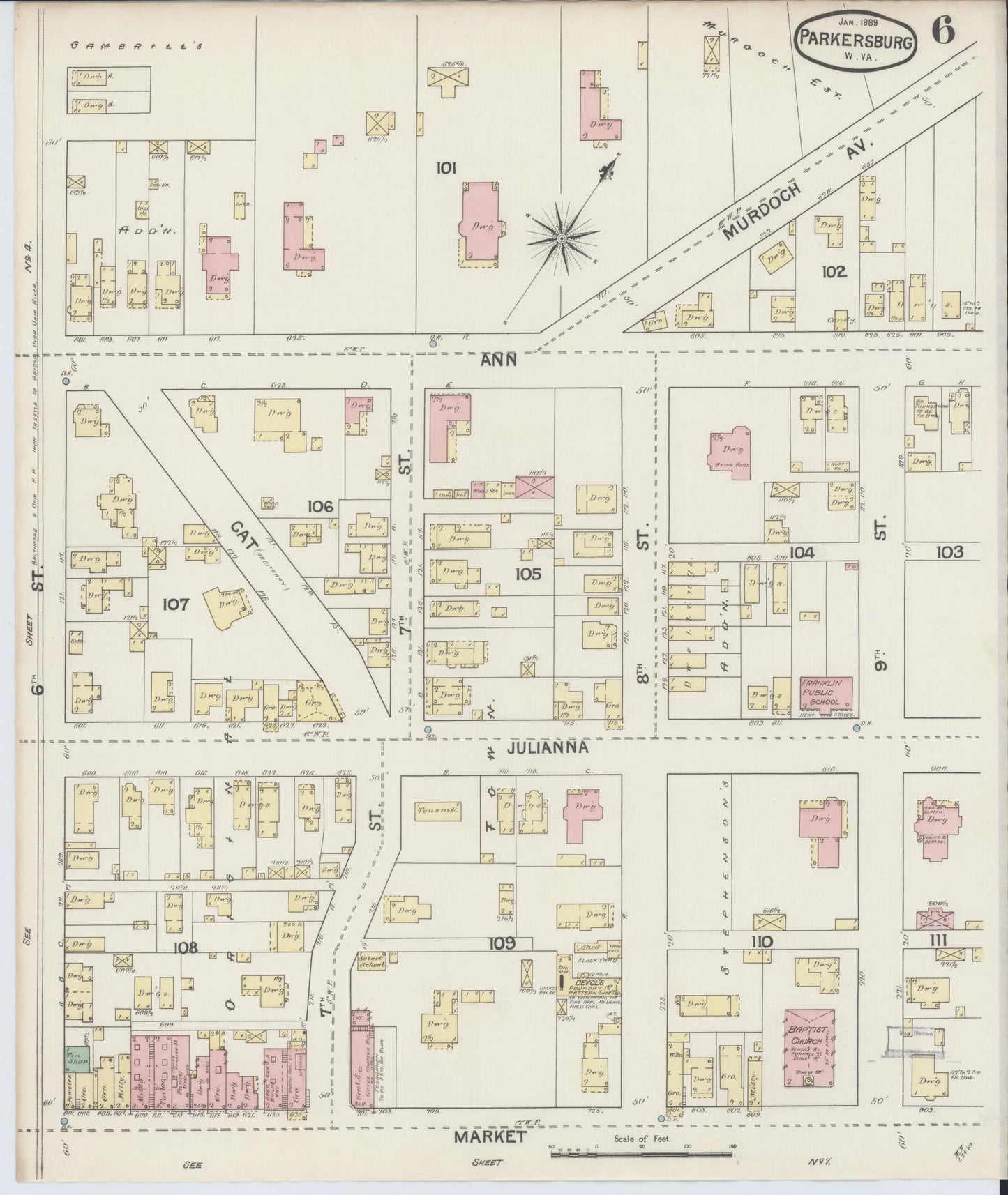 Sanborn Fire Insurance Map from Parkersburg, Wood County, West Virginia (1889), Sheet #0006 - Complete Map Set gallery image, historic Sanborn map, vintage wall art, West Virginia West Virginia