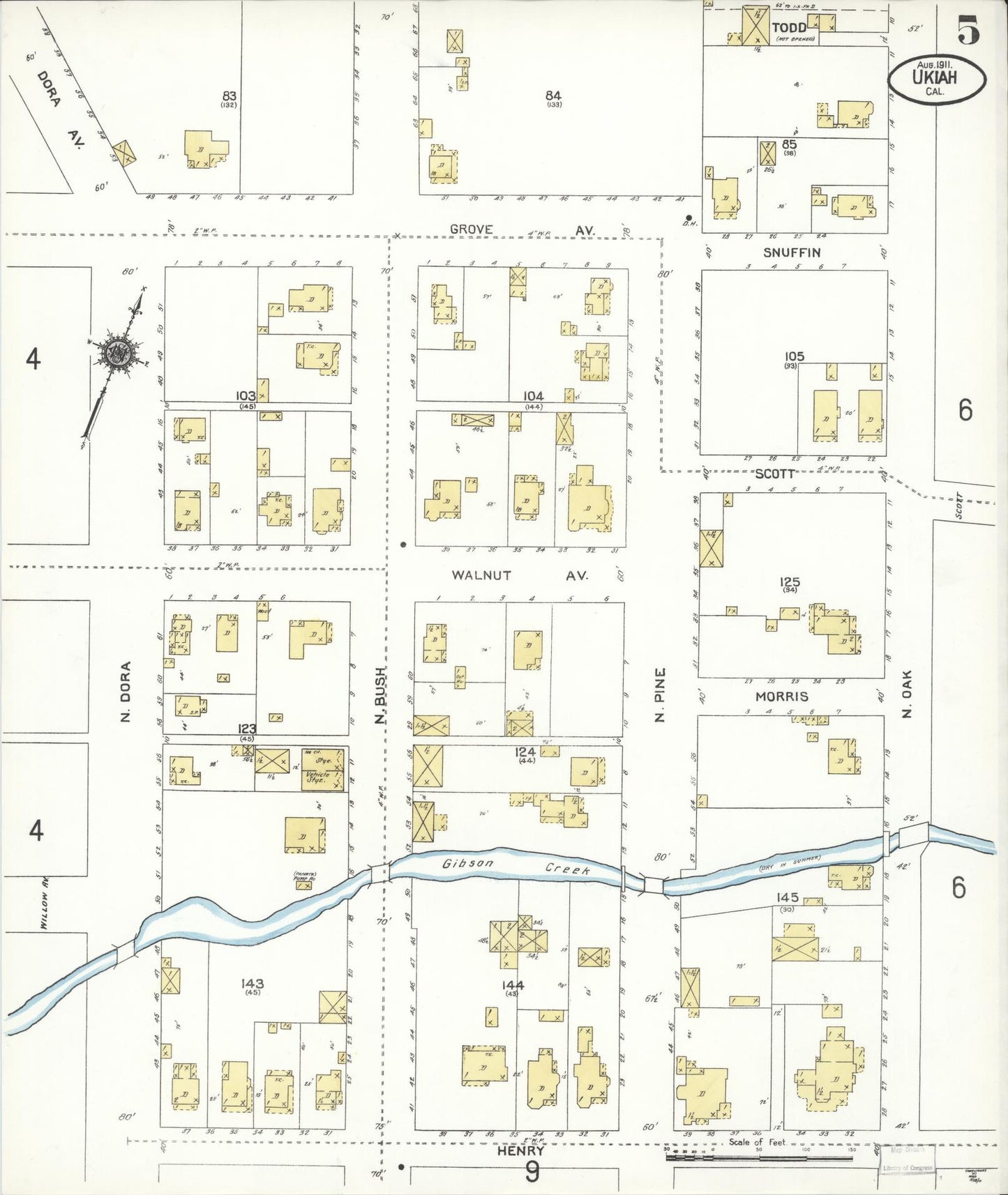 Sanborn Fire Insurance Map from Ukiah, Mendocino County, California (1911), Sheet #0005 - Complete Map Set gallery image, historic Sanborn map, vintage wall art, California California