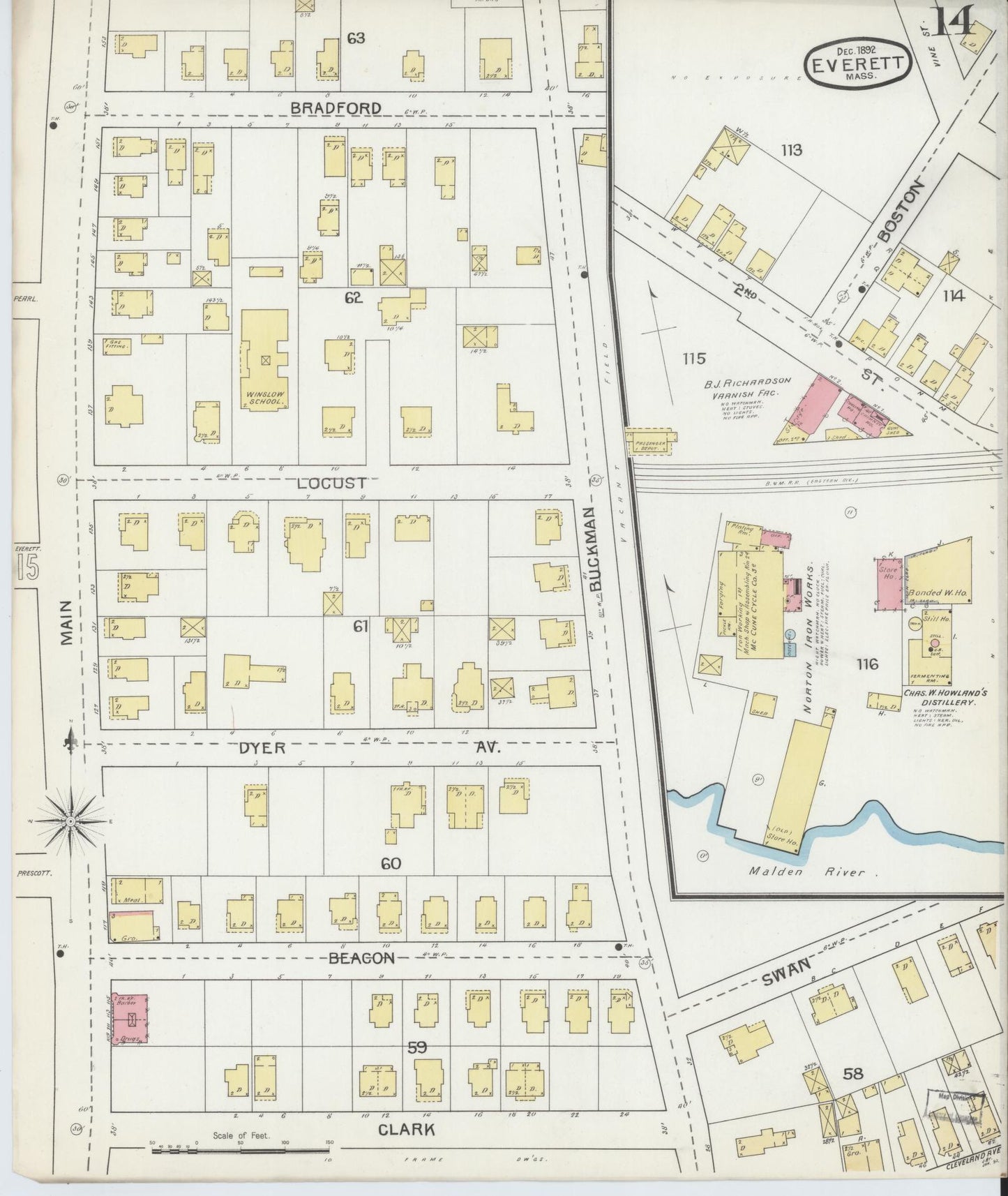 Sanborn Fire Insurance Map from Everett, Middlesex County, Massachusetts (1892), Sheet #0014 - Historic Sanborn Fire Insurance Map Print, vintage old map wall art, antique decor, genealogy gift, Massachusetts Massachusetts map