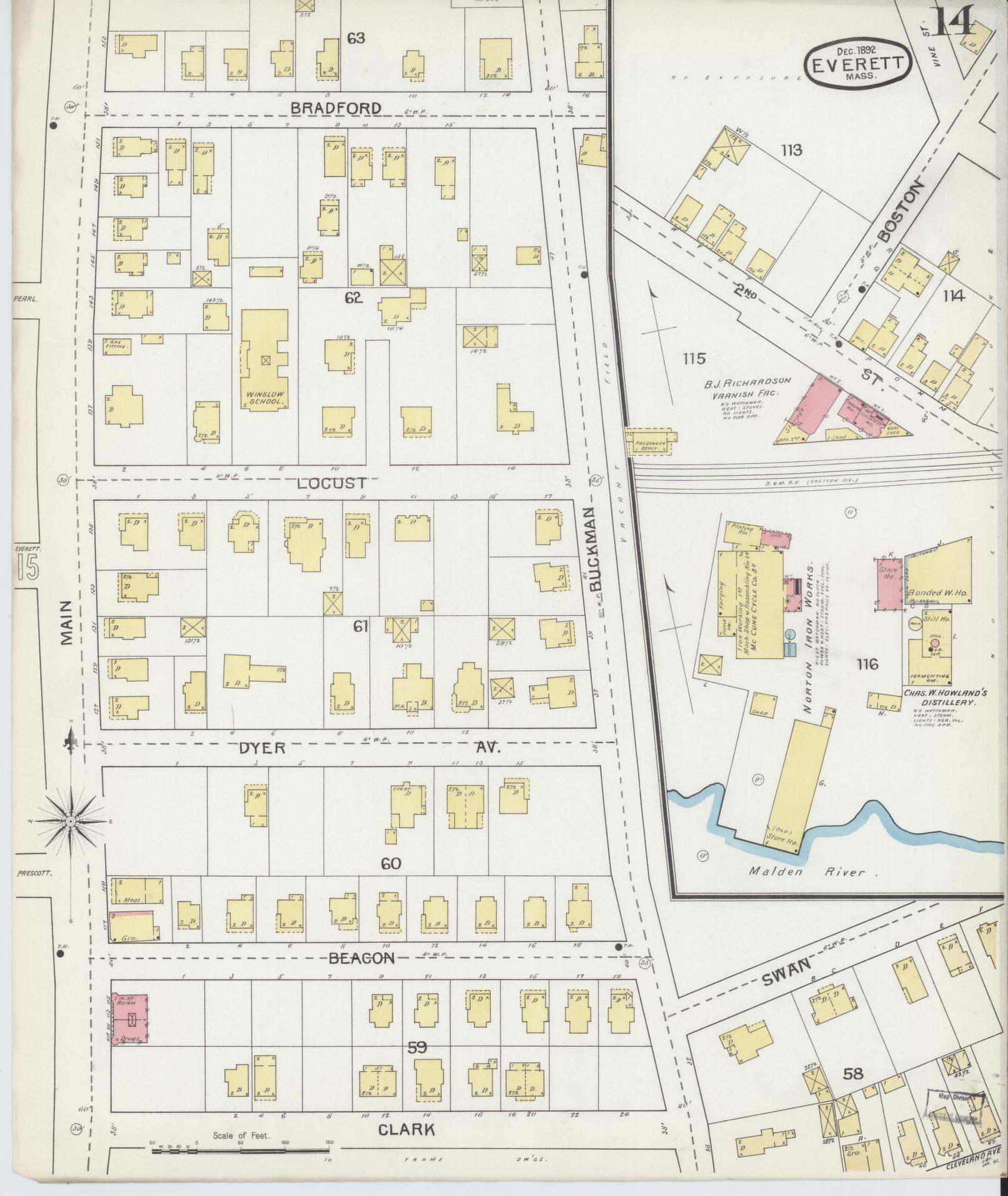 Sanborn Fire Insurance Map from Everett, Middlesex County, Massachusetts (1892), Sheet #0014 - Historic Sanborn Fire Insurance Map Print, vintage old map wall art, antique decor, genealogy gift, Massachusetts Massachusetts map