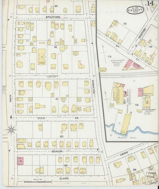 Sanborn Fire Insurance Map from Everett, Middlesex County, Massachusetts (1892), Sheet #0014 - Historic Sanborn Fire Insurance Map Print, vintage old map wall art, antique decor, genealogy gift, Massachusetts Massachusetts map