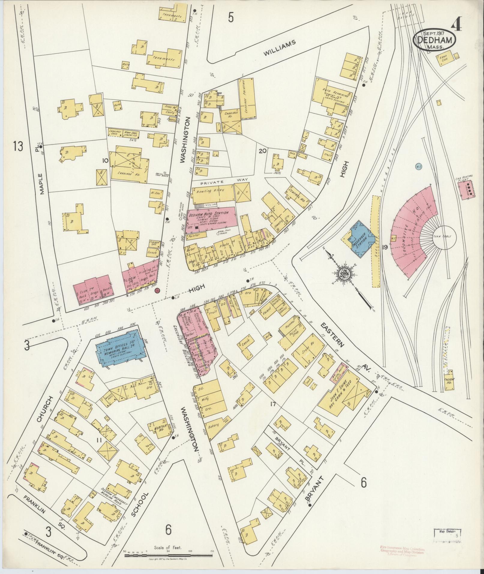 Sanborn Fire Insurance Map from Dedham, Norfolk County, Massachusetts (1917), Sheet #0004 - Historic Sanborn Fire Insurance Map Print, vintage old map wall art, antique decor, genealogy gift, Massachusetts Massachusetts map