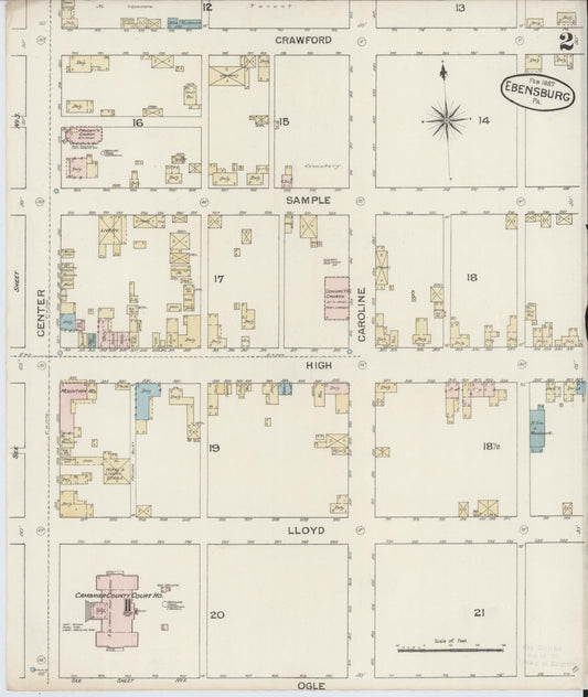 Sanborn Fire Insurance Map from Ebensburg, Cambria County, Pennsylvania (1887), Sheet #0002 - Historic Sanborn Fire Insurance Map Print, vintage old map wall art, antique decor, genealogy gift, Pennsylvania Pennsylvania map