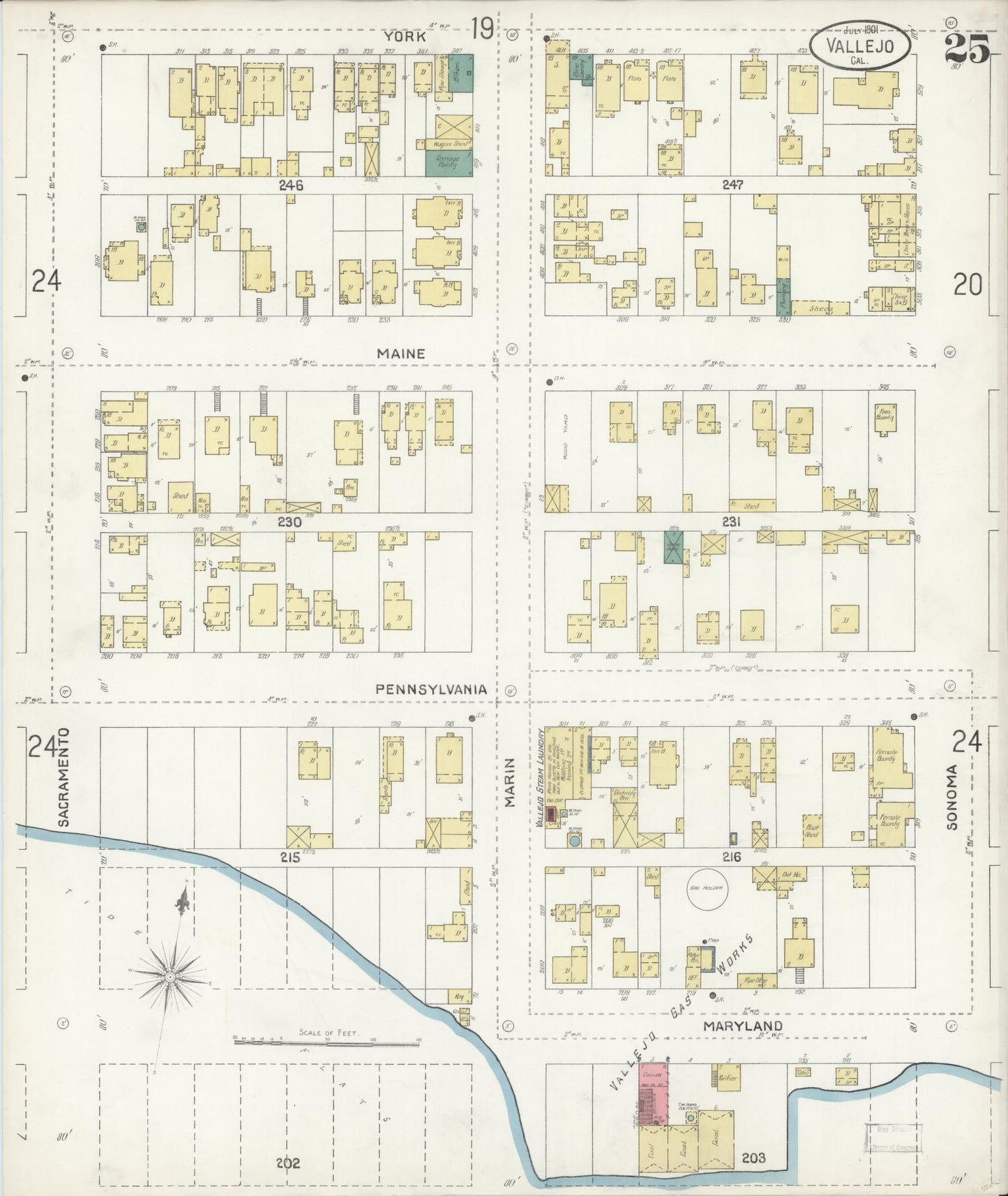 Sanborn Fire Insurance Map from Vallejo, Solano County, California (1901), Sheet #0025 - Complete Map Set gallery image, historic Sanborn map, vintage wall art, California California