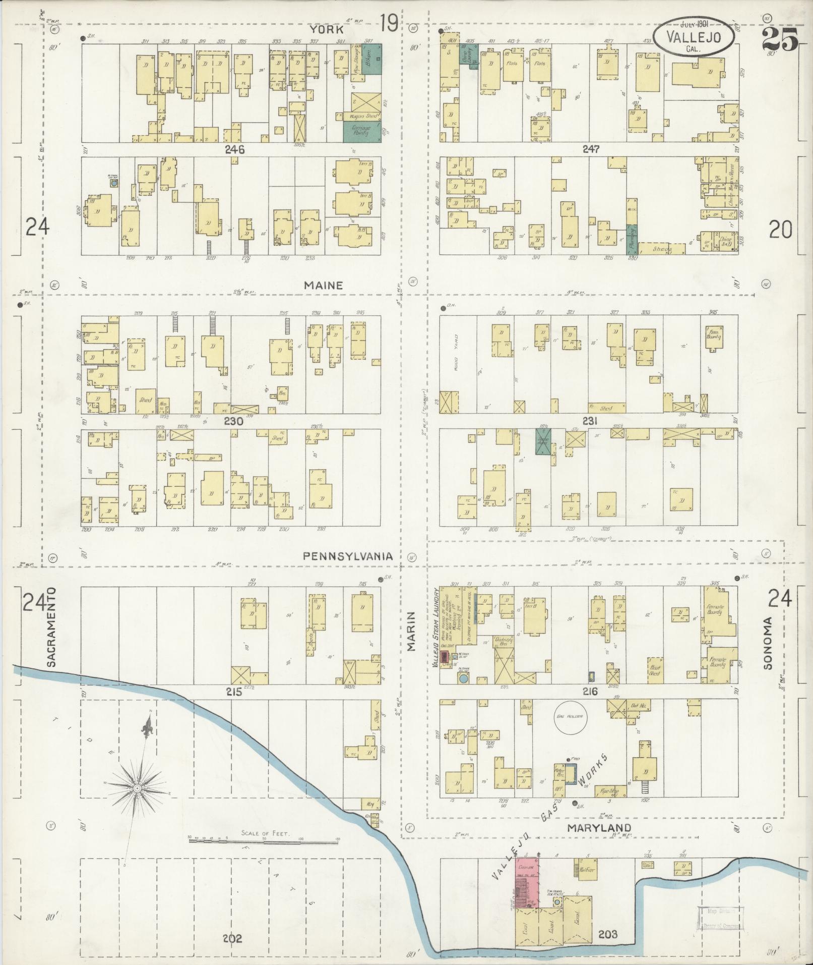 Sanborn Fire Insurance Map from Vallejo, Solano County, California (1901), Sheet #0025 - Complete Map Set gallery image, historic Sanborn map, vintage wall art, California California