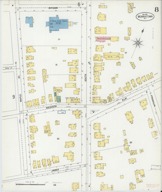 Sanborn Fire Insurance Map from Morristown, Morris County, New Jersey (1901), Sheet #0008 - Historic Sanborn Fire Insurance Map Print, vintage old map wall art, antique decor, genealogy gift, New Jersey New Jersey map