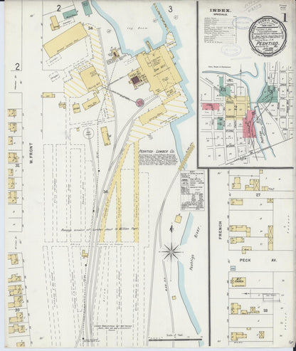 Sanborn Fire Insurance Map from Peshtigo, Marinette County, Wisconsin (1898), Sheet #0001 - Historic Sanborn Fire Insurance Map Print, vintage old map wall art, antique decor, genealogy gift, Wisconsin Wisconsin map
