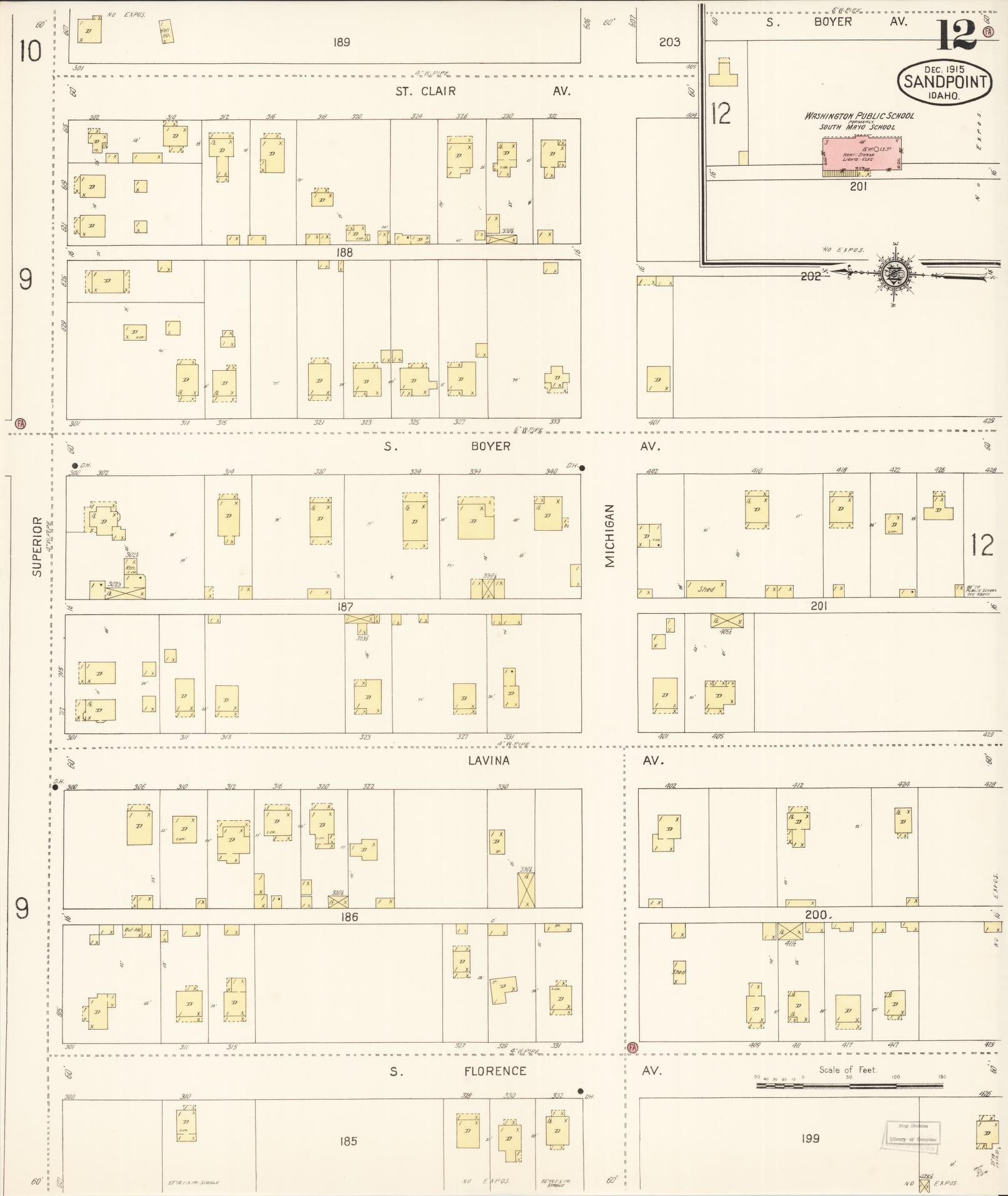 Sanborn Fire Insurance Map from Sandpoint, Bonner County, Idaho (1915), Sheet #0012 - Historic Sanborn Fire Insurance Map Print, vintage old map wall art, antique decor, genealogy gift, Idaho Idaho map