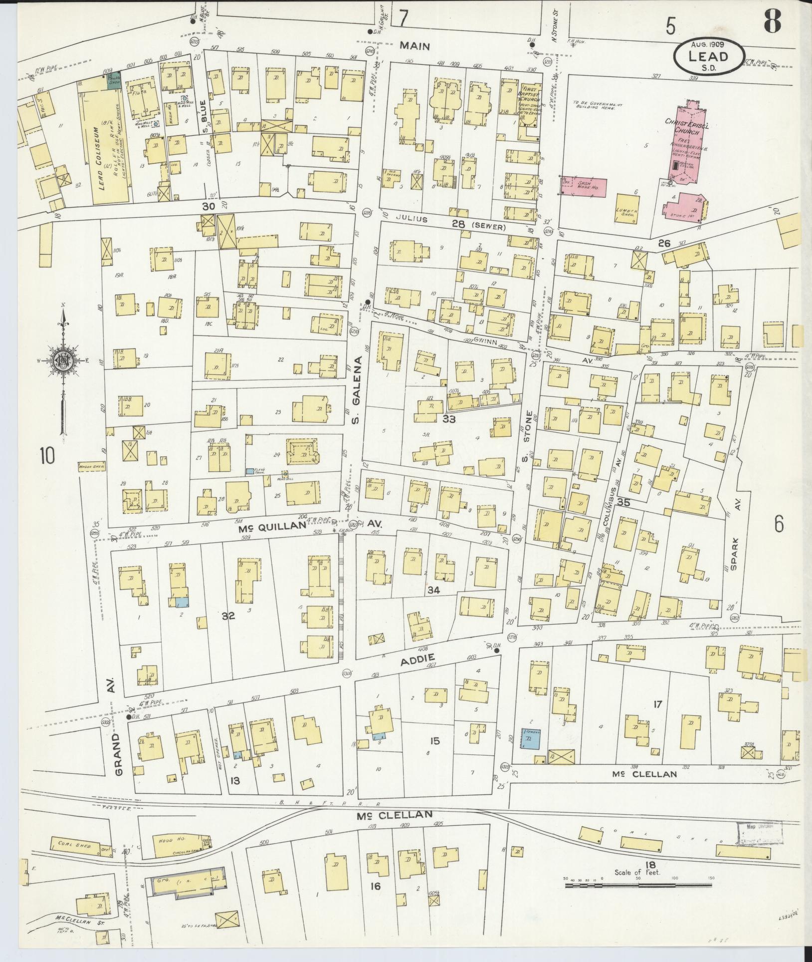 Sanborn Fire Insurance Map from Lead, Lawrence County, South Dakota (1909), Sheet #0008 - Complete Map Set gallery image, historic Sanborn map, vintage wall art, South Dakota South Dakota