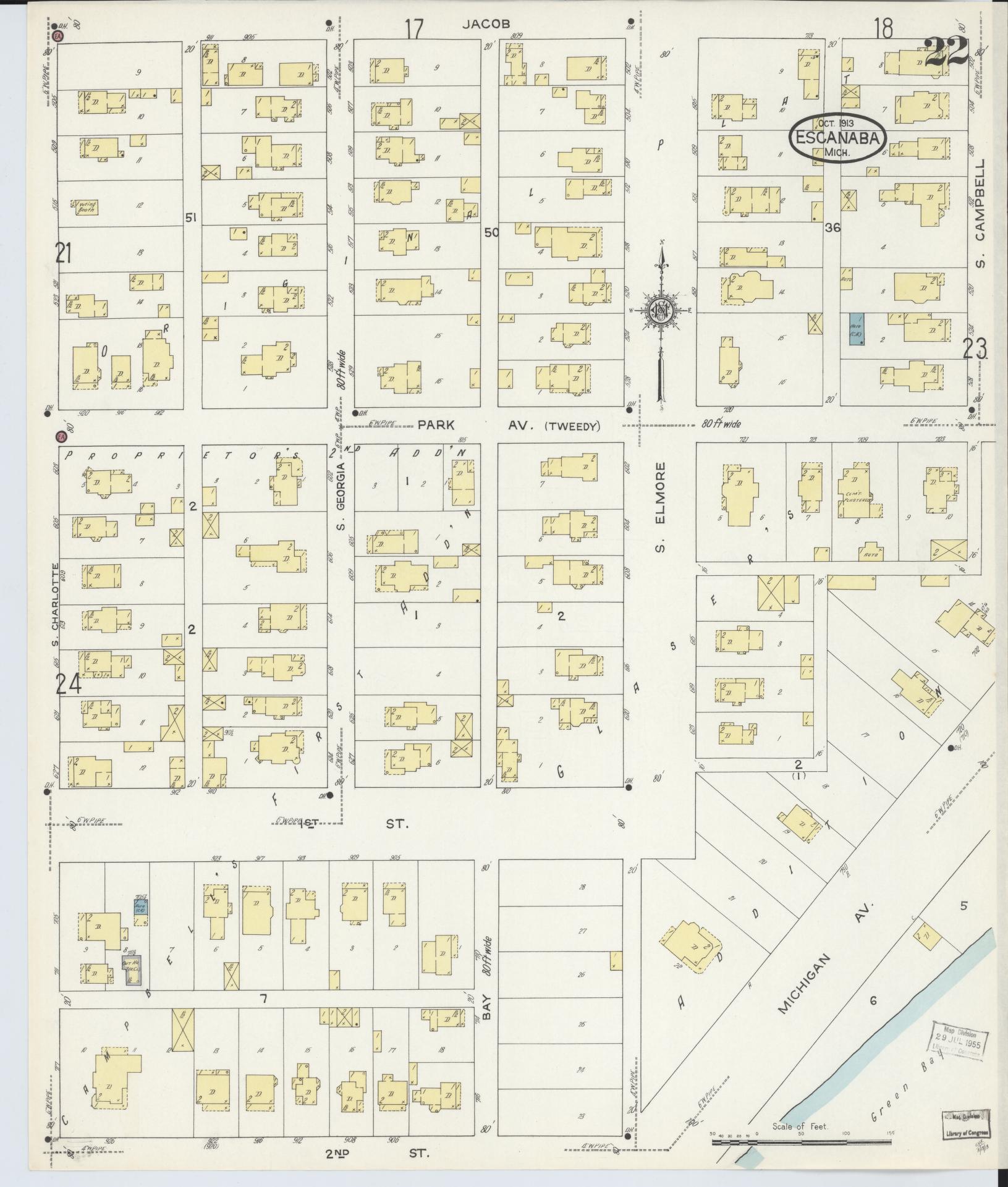 Sanborn Fire Insurance Map from Escanaba, Delta County, Michigan (1913), Sheet #0022 - Complete Map Set gallery image, historic Sanborn map, vintage wall art, Michigan Michigan