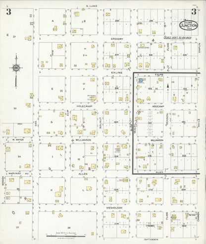 Sanborn Fire Insurance Map from Junction, Kimble County, Texas (1926), Sheet #0003 - Historic Sanborn Fire Insurance Map Print, vintage old map wall art, antique decor, genealogy gift, Texas Texas map