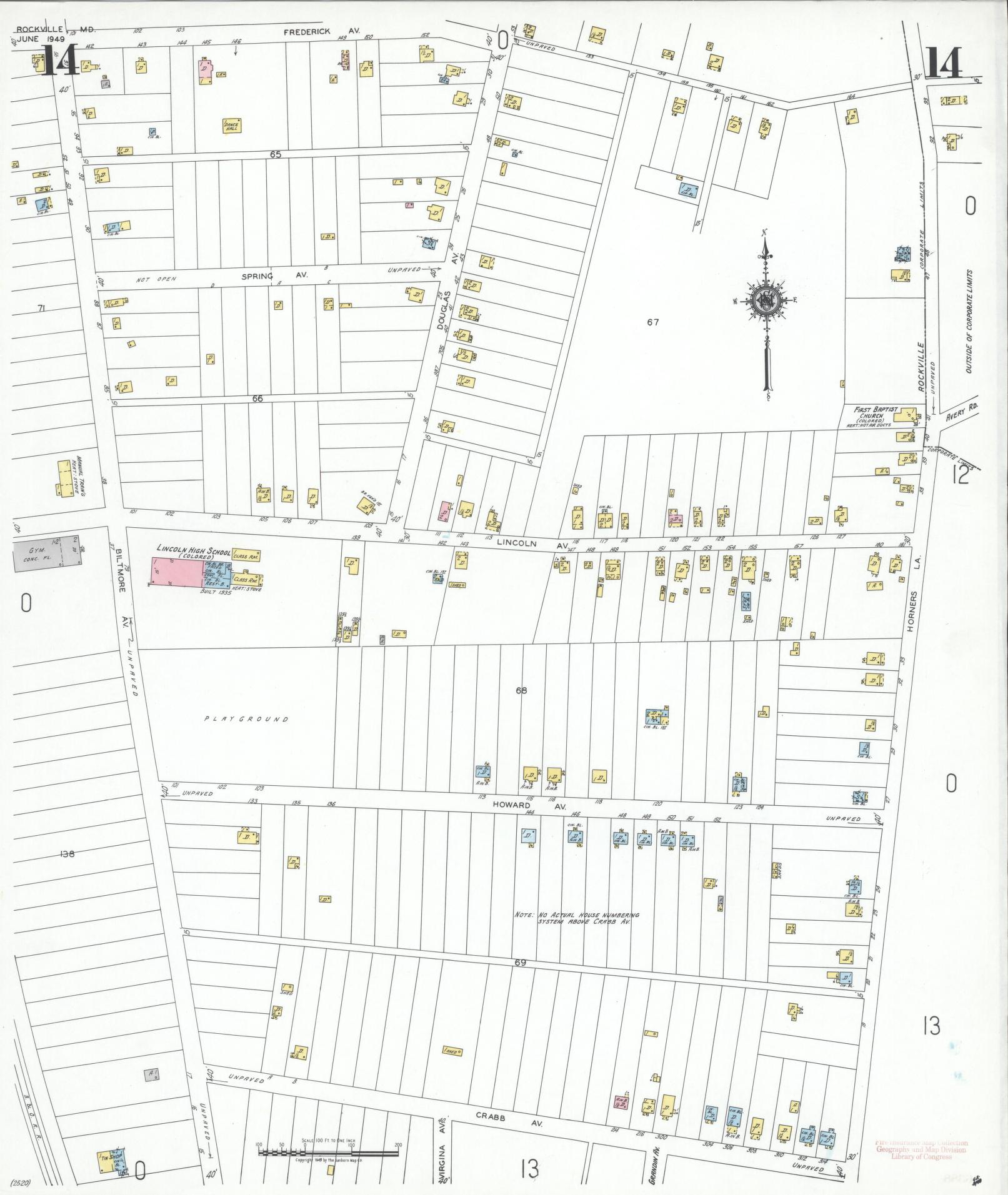 Sanborn Fire Insurance Map from Rockville, Montgomery County, Maryland (1949), Sheet #0014 - Historic Sanborn Fire Insurance Map Print, vintage old map wall art