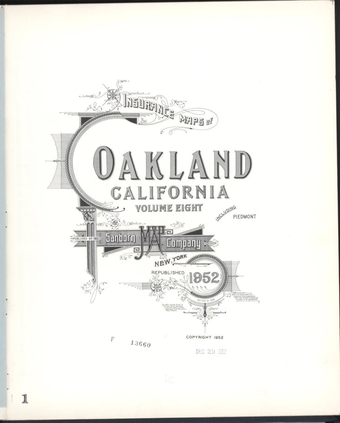 Sanborn Fire Insurance Map from Oakland, Alameda County, California (1952), Sheet #0001 - Complete Map Set gallery image, historic Sanborn map, vintage wall art, California California
