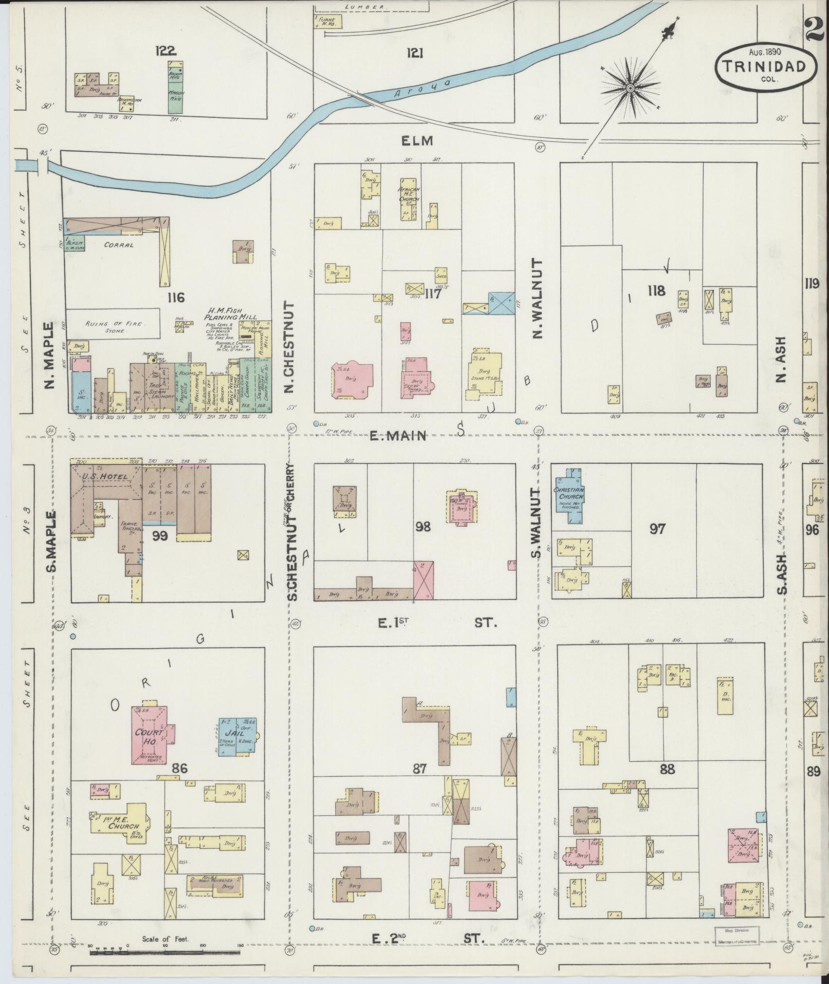 Sanborn Fire Insurance Map from Trinidad, Las Animas County, Colorado (1890), Sheet #0002 - Historic Sanborn Fire Insurance Map Print, vintage old map wall art, antique decor, genealogy gift, Colorado Colorado map