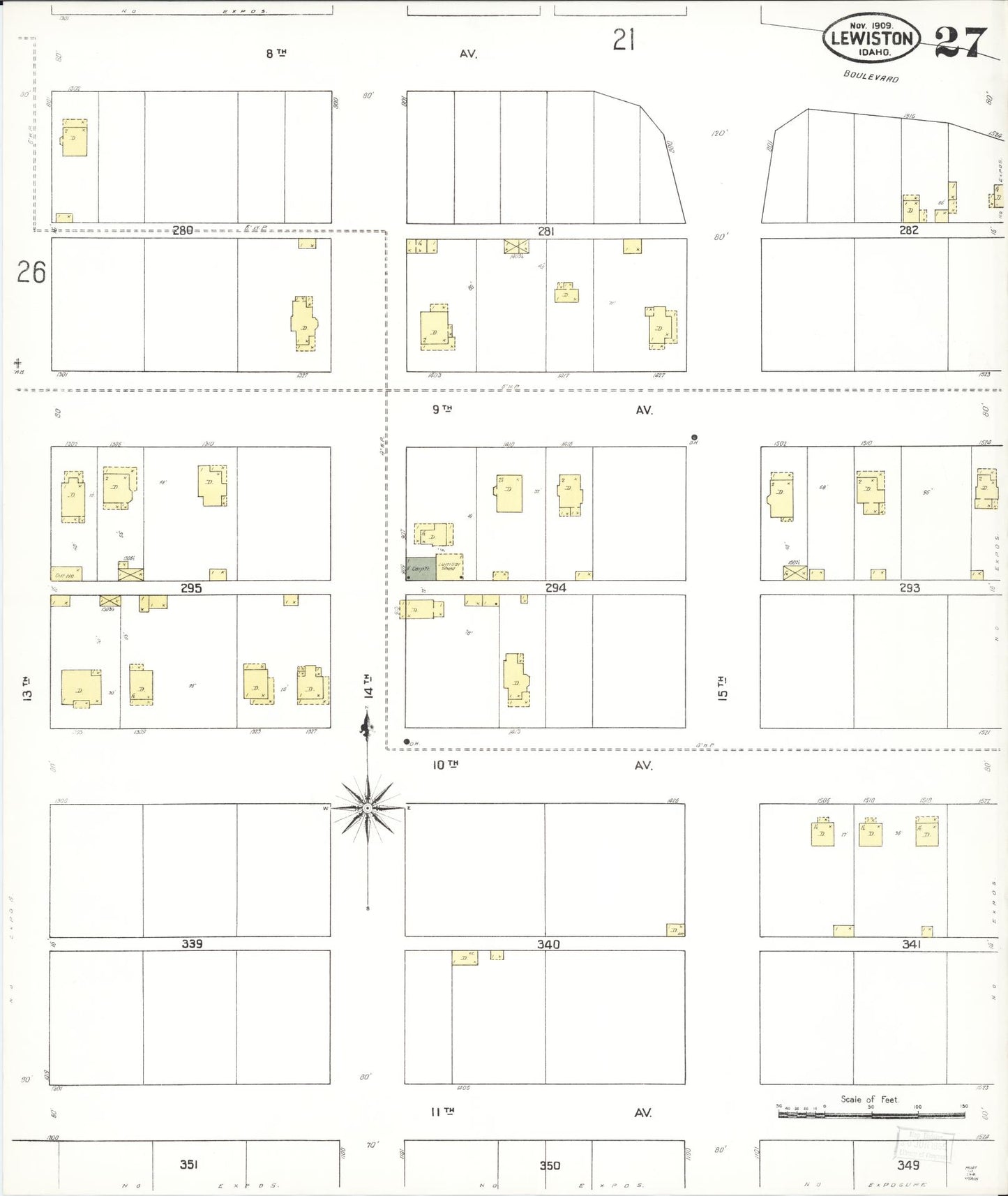 Sanborn Fire Insurance Map from Lewiston, Nez Perce County, Idaho (1909), Sheet #0027 - Complete Map Set gallery image, historic Sanborn map, vintage wall art, Idaho Idaho