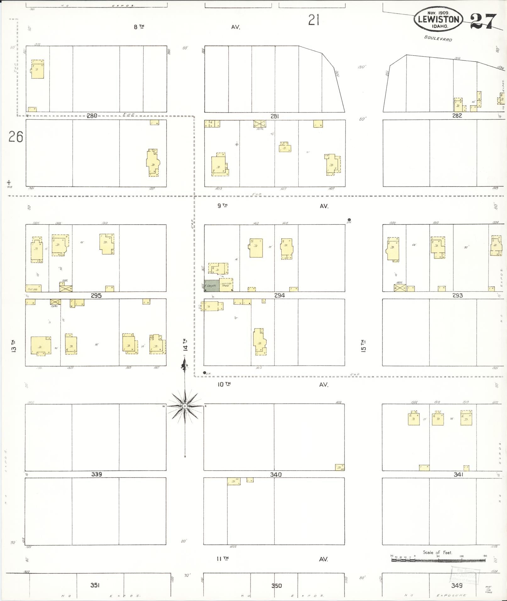 Sanborn Fire Insurance Map from Lewiston, Nez Perce County, Idaho (1909), Sheet #0027 - Complete Map Set gallery image, historic Sanborn map, vintage wall art, Idaho Idaho