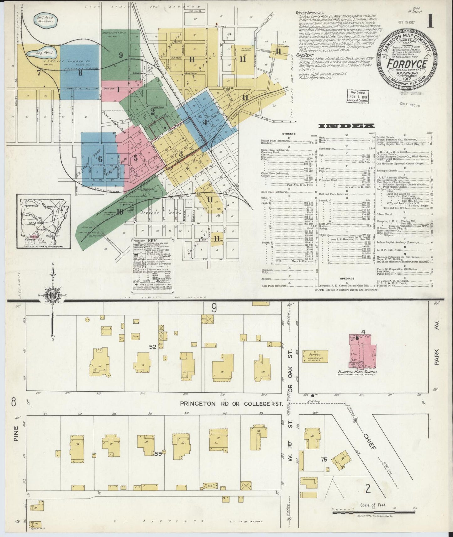 Sanborn Fire Insurance Map from Fordyce, Dallas County, Arkansas (1917), Sheet #0001 - Historic Sanborn Fire Insurance Map Print, vintage old map wall art, antique decor, genealogy gift, Arkansas Arkansas map