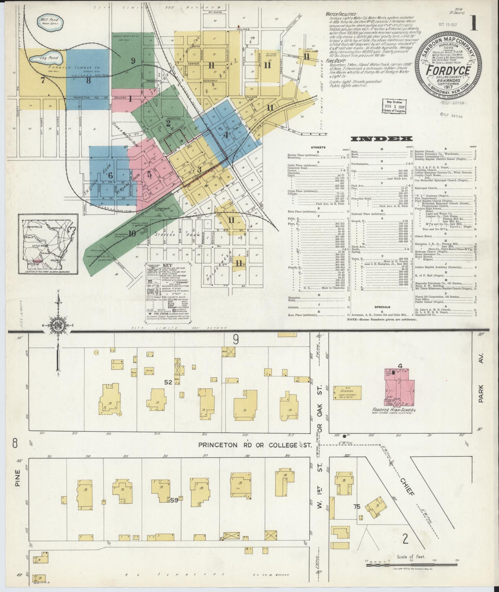 Sanborn Fire Insurance Map from Fordyce, Dallas County, Arkansas (1917), Sheet #0001 - Historic Sanborn Fire Insurance Map Print, vintage old map wall art, antique decor, genealogy gift, Arkansas Arkansas map