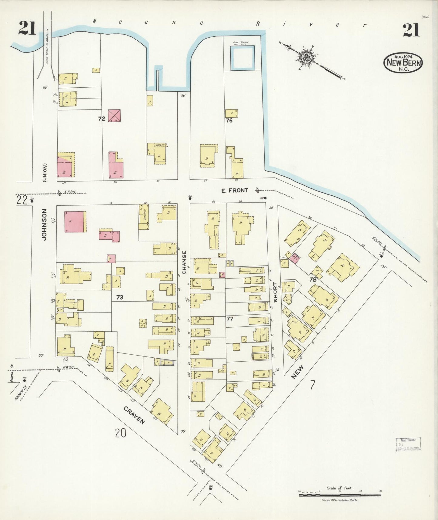 Sanborn Fire Insurance Map from New Bern, Craven County, North Carolina (1924), Sheet #0021 - Complete Map Set gallery image, historic Sanborn map, vintage wall art, North Carolina North Carolina
