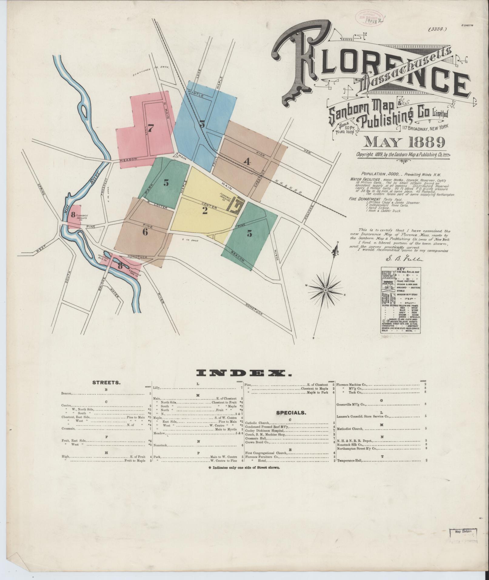 Sanborn Fire Insurance Map from Florence, Hampshire County, Massachusetts (1889), Sheet #0001 - Historic Sanborn Fire Insurance Map Print, vintage old map wall art, antique decor, genealogy gift, Massachusetts Massachusetts map