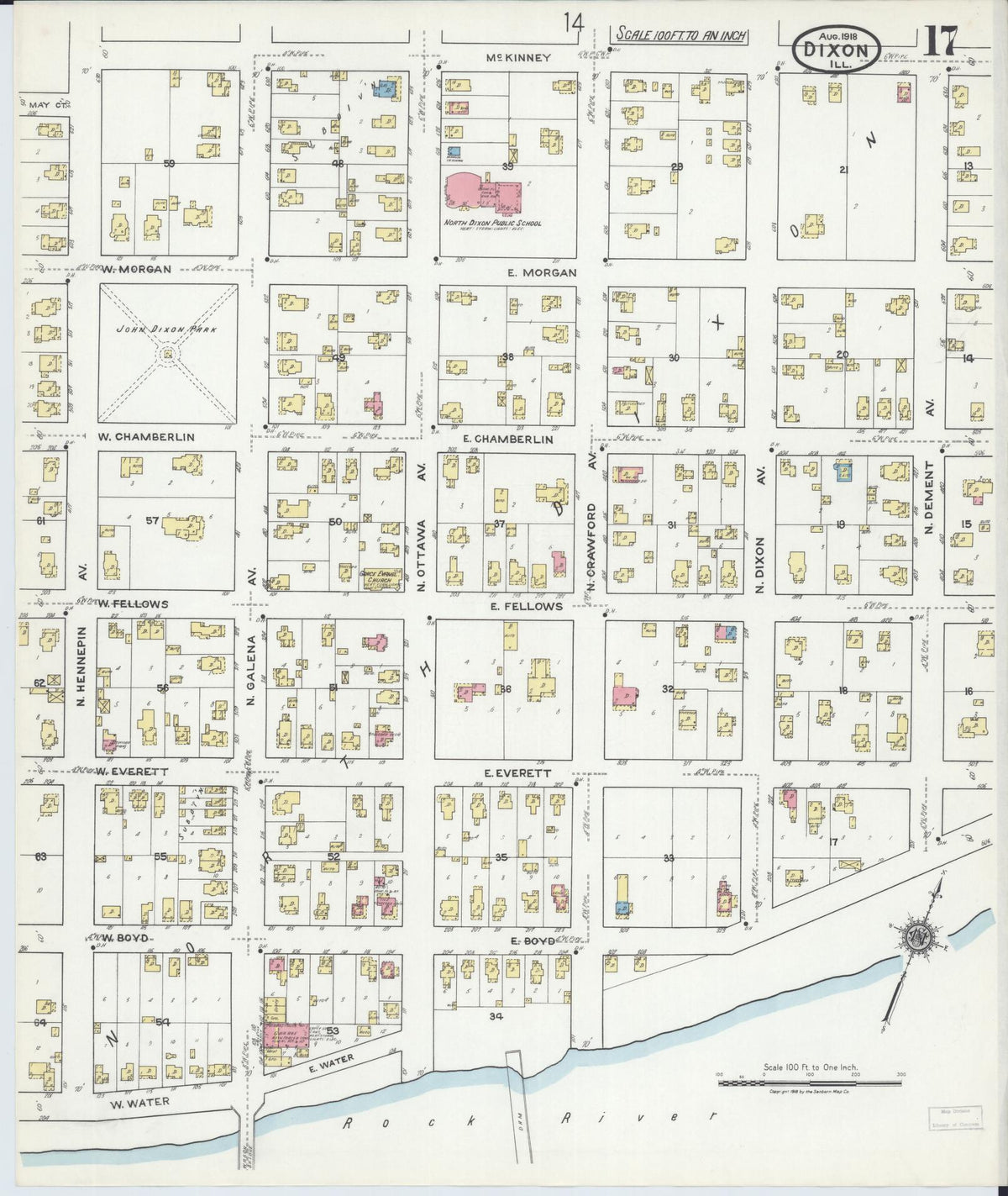 Sanborn Fire Insurance Map from Dixon, Lee County, Illinois (1918), Sheet #0017 - Complete Map Set gallery image, historic Sanborn map, vintage wall art, Illinois Illinois