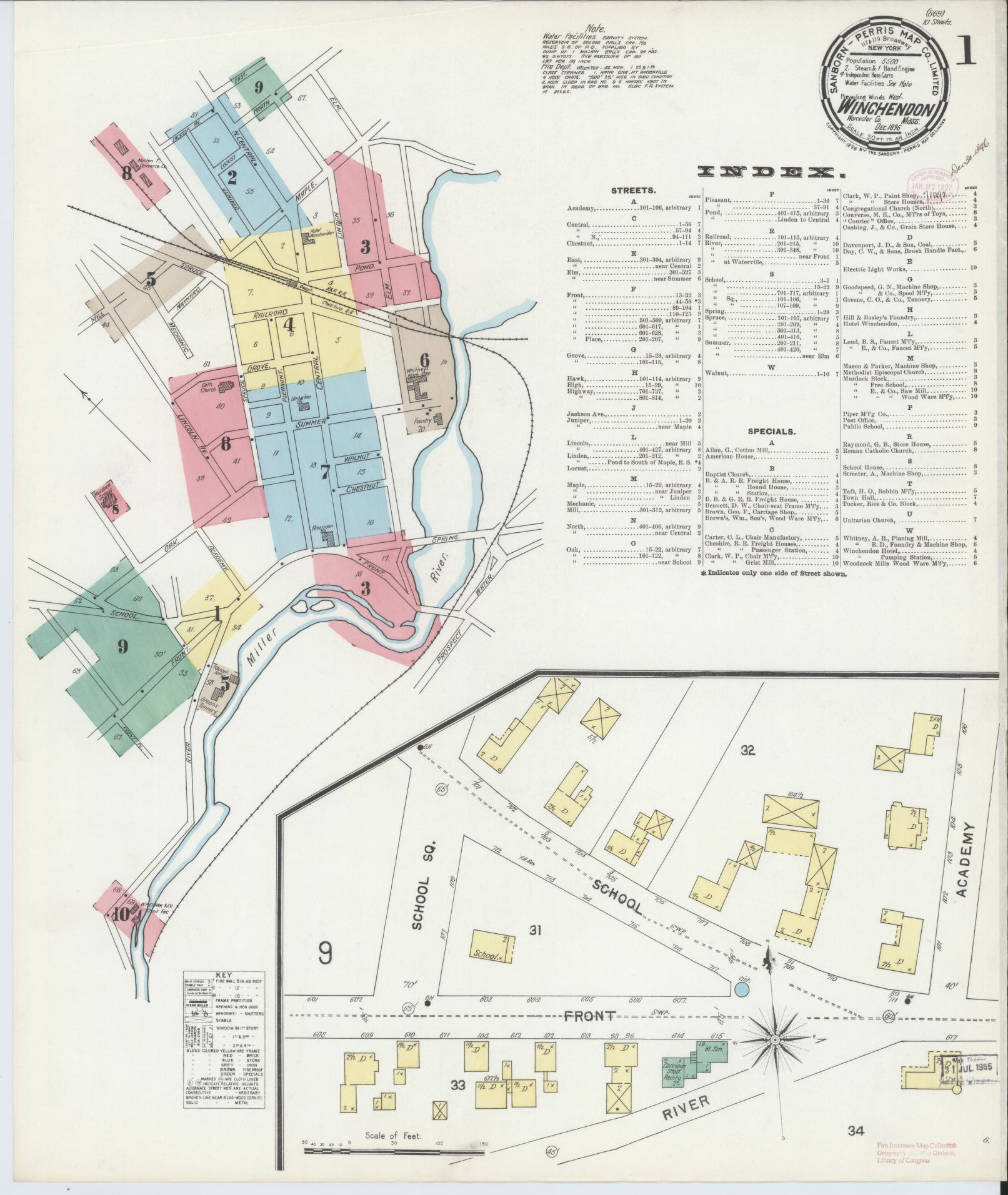 Sanborn Fire Insurance Map from Winchendon, Worcester County, Massachusetts (1896), Sheet #0001 - Historic Sanborn Fire Insurance Map Print, vintage old map wall art, antique decor, genealogy gift, Massachusetts Massachusetts map