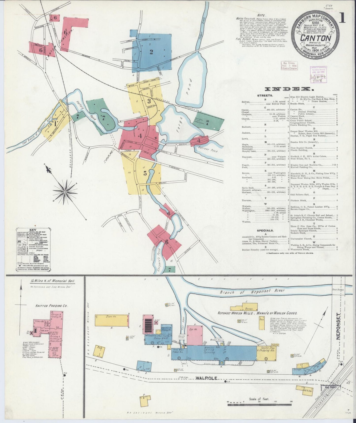 Sanborn Fire Insurance Map from Canton, Norfolk County, Massachusetts (1906), Sheet #0001 - Historic Sanborn Fire Insurance Map Print, vintage old map wall art, antique decor, genealogy gift, Massachusetts Massachusetts map