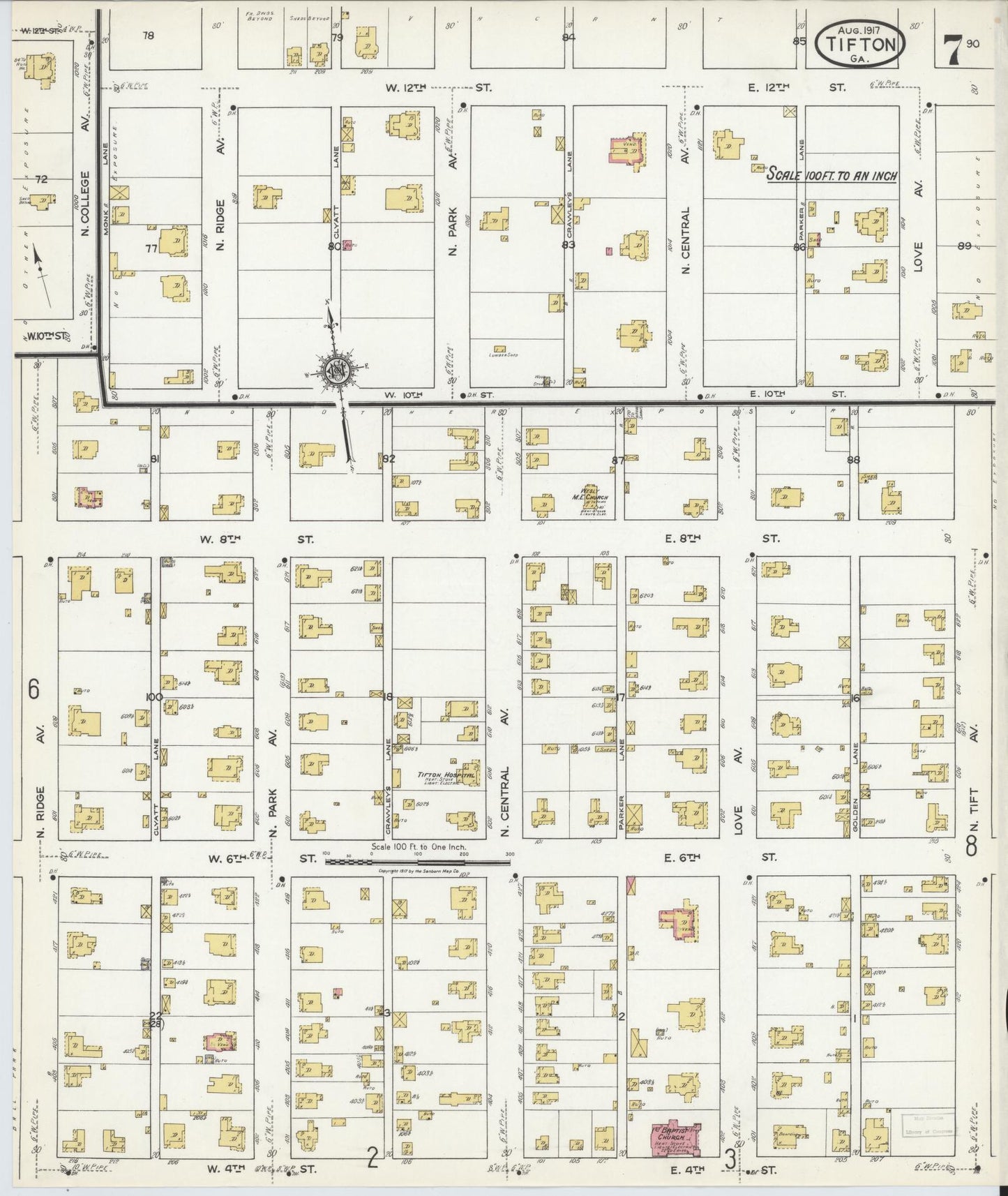Sanborn Fire Insurance Map from Tifton, Tift County, Georgia (1917), Sheet #0007 - Complete Map Set gallery image, historic Sanborn map, vintage wall art, Georgia Georgia