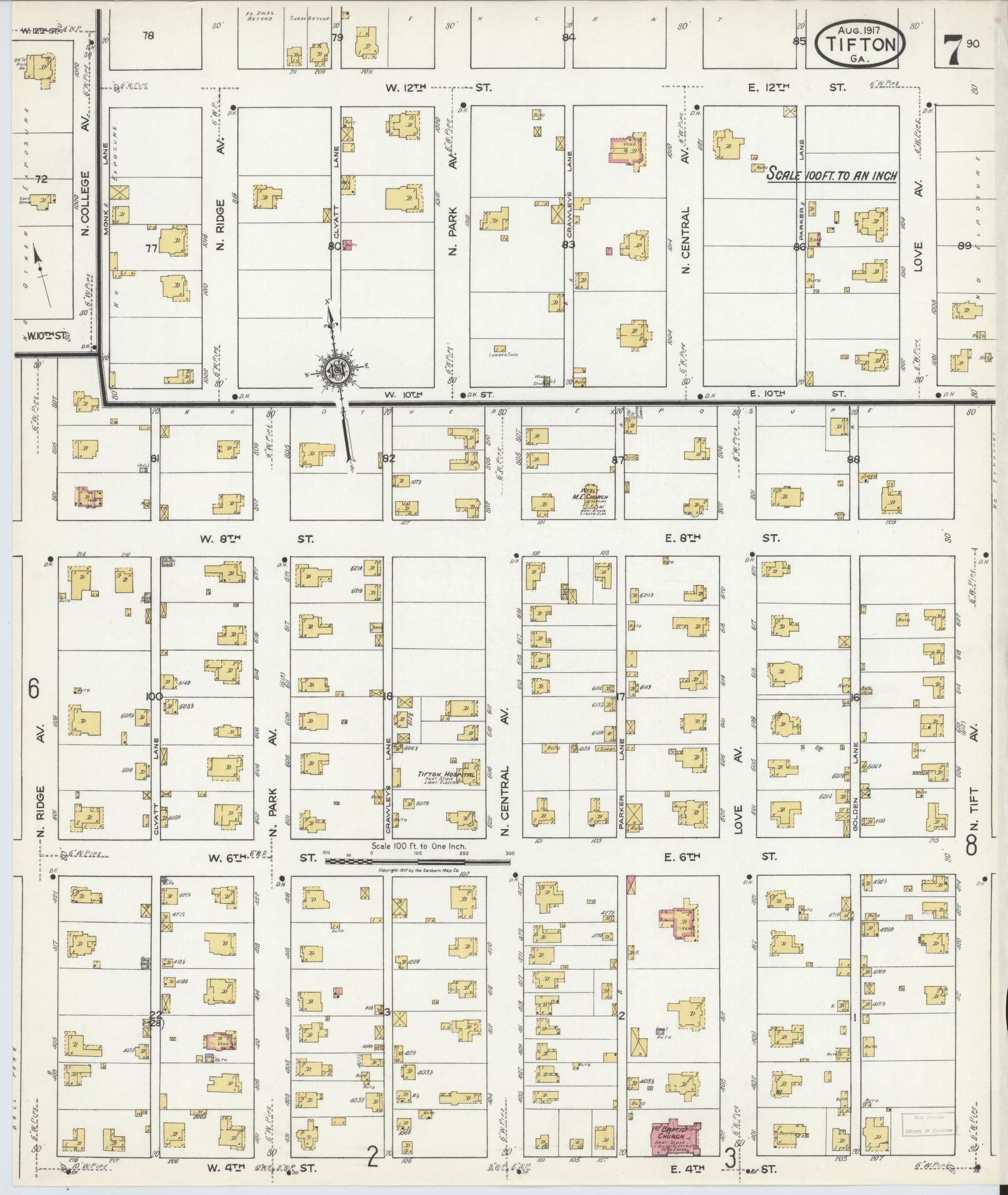 Sanborn Fire Insurance Map from Tifton, Tift County, Georgia (1917), Sheet #0007 - Complete Map Set gallery image, historic Sanborn map, vintage wall art, Georgia Georgia