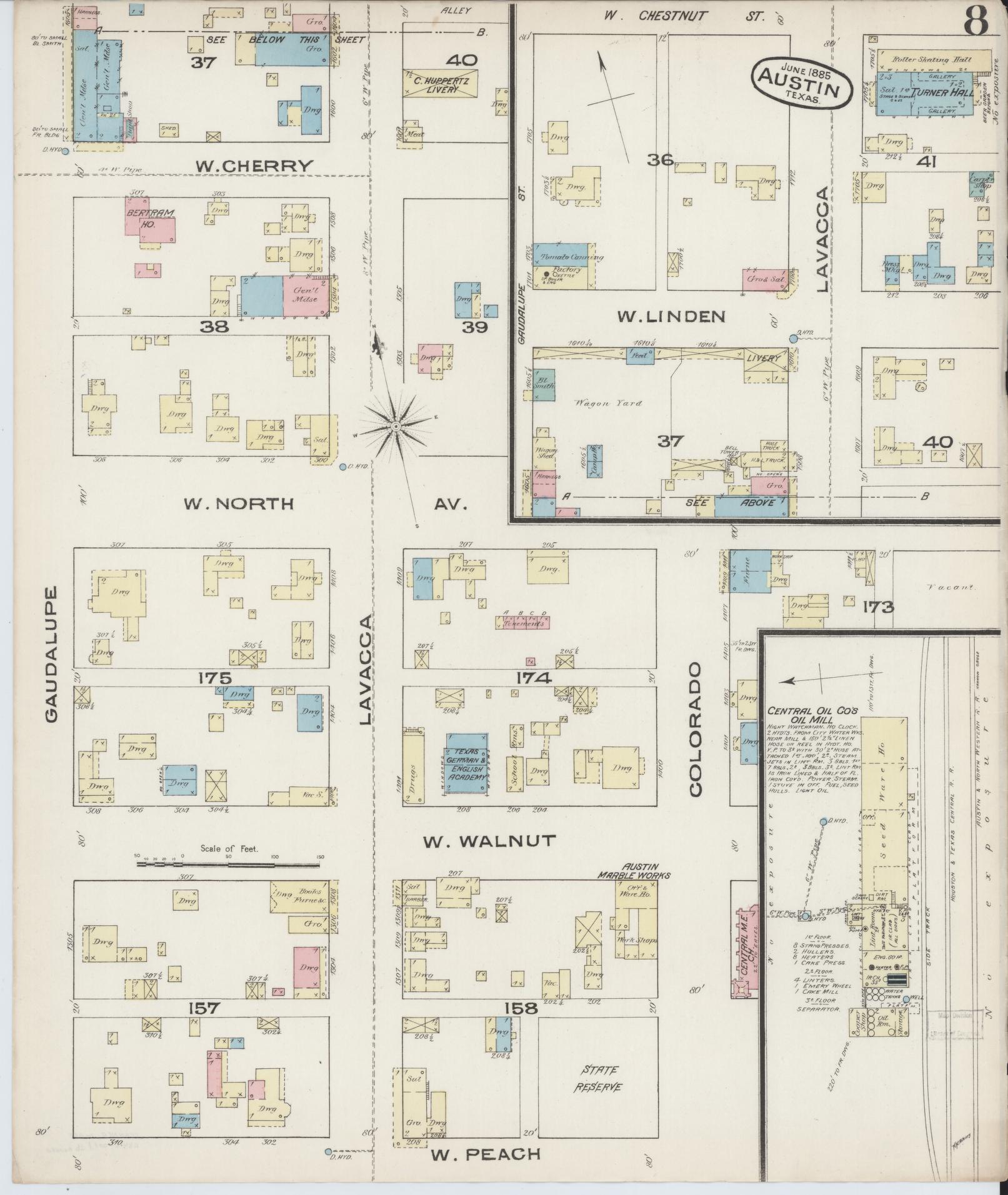 Sanborn Fire Insurance Map from Austin, Travis County, Texas (1885), Sheet #0008 - Historic Sanborn Fire Insurance Map Print, vintage old map wall art, antique decor, genealogy gift, Texas Texas map
