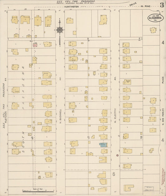 Sanborn Fire Insurance Map from Alhambra, Los Angeles County, California (1912), Sheet #0003 - Historic Sanborn Fire Insurance Map Print, vintage old map wall art, antique decor, genealogy gift, California California map