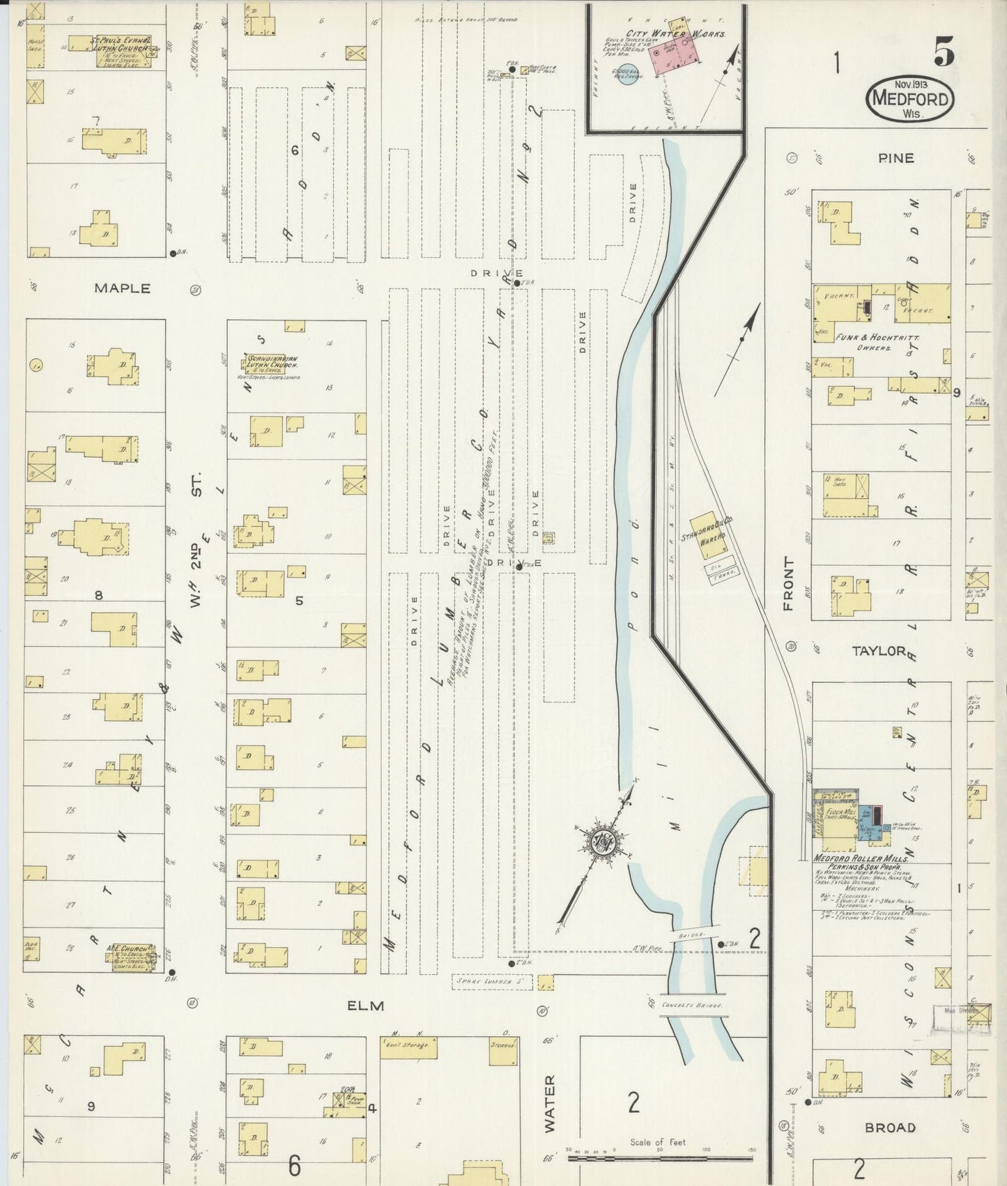 Sanborn Fire Insurance Map from Medford, Taylor County, Wisconsin (1913), Sheet #0005 - Historic Sanborn Fire Insurance Map Print, vintage old map wall art, antique decor, genealogy gift, Wisconsin Wisconsin map